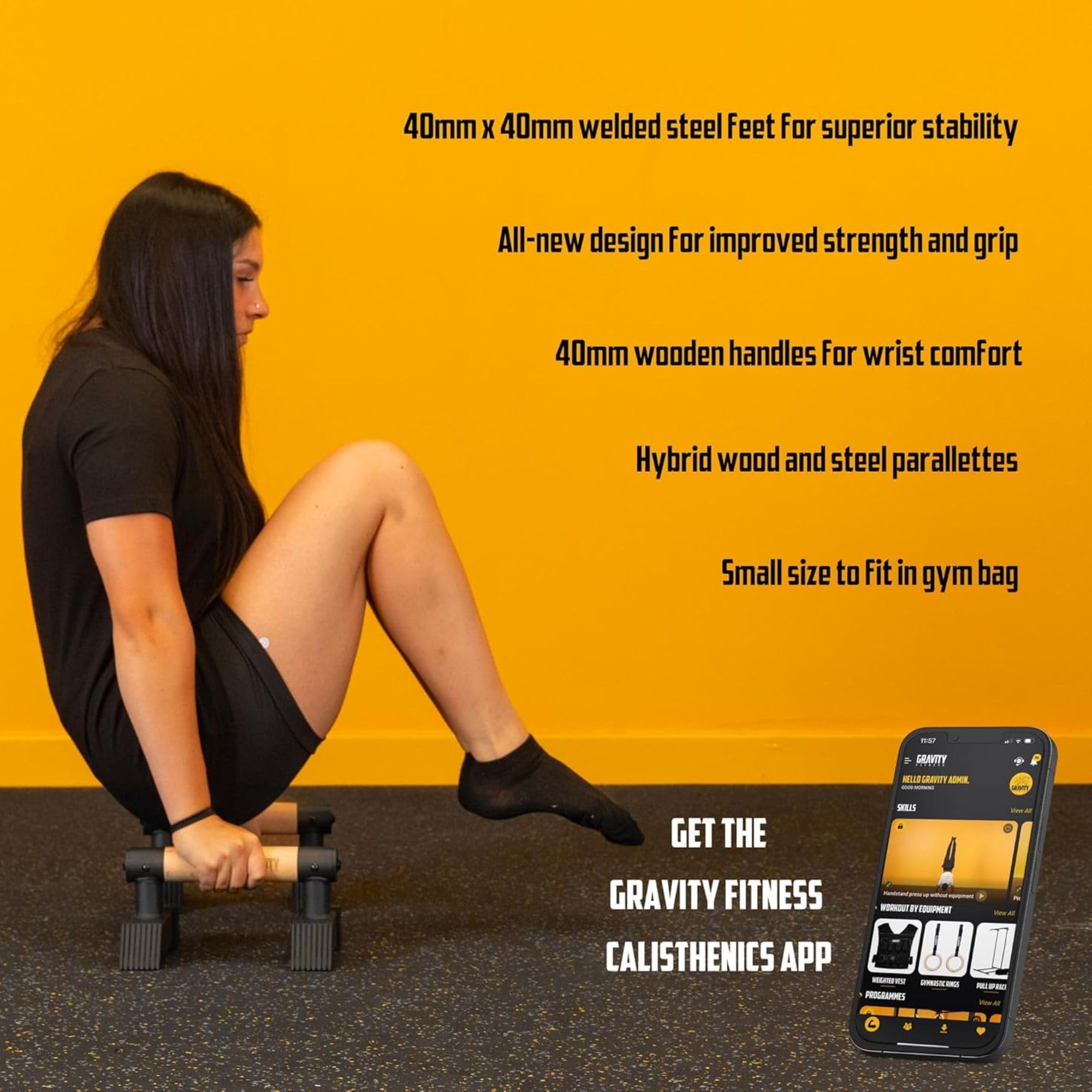Gravity Fitness Parallettes Piccole con Manici in Legno Ibridi, Stabili per Calisthenics, Ginnastica, Allenamento a Corpo Libero, Portatili e Leggere per Palestra Casalinga o Commerciale