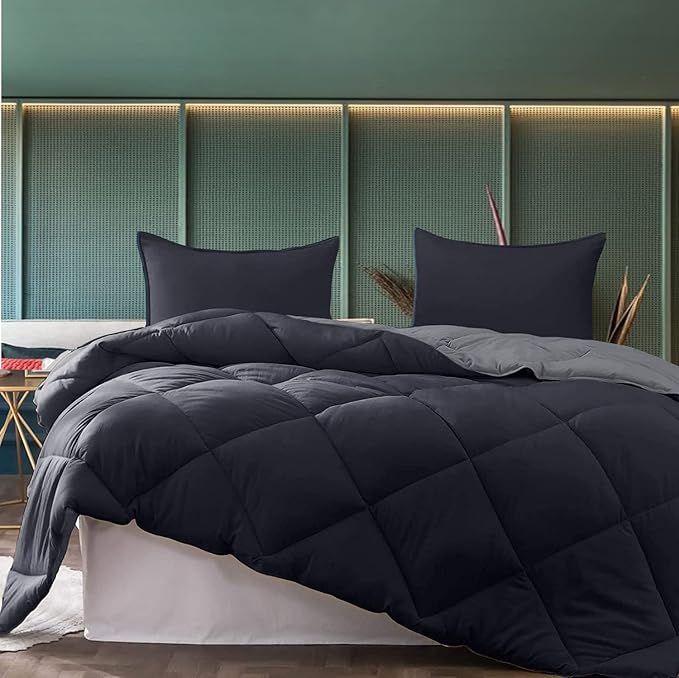 RAASO Microfiber 3rd Generation Reversible Winter AC Quilt Comforter for Double Bed Blanket King Size with Bag (Double Bed, Black & Grey) - 200GSM