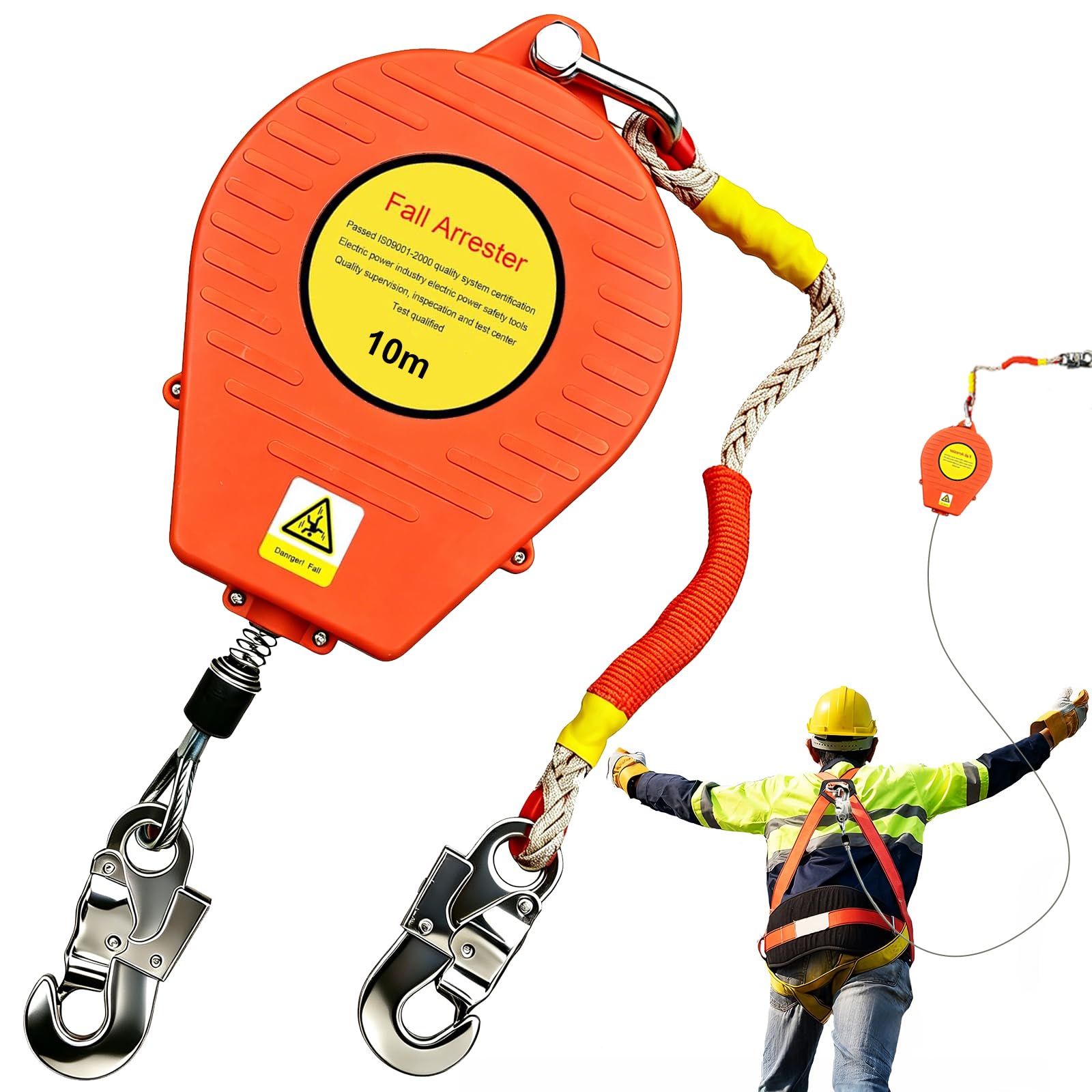 Dispositivo Anticaídas Retráctil, Línea de Vida Tejado con Bloqueo | Cable Acero y Arnés Seguridad Trabajo Altura, Retráctil Anticaída para Tejados Construcción, Sistema Doble Bloqueo, Rojo