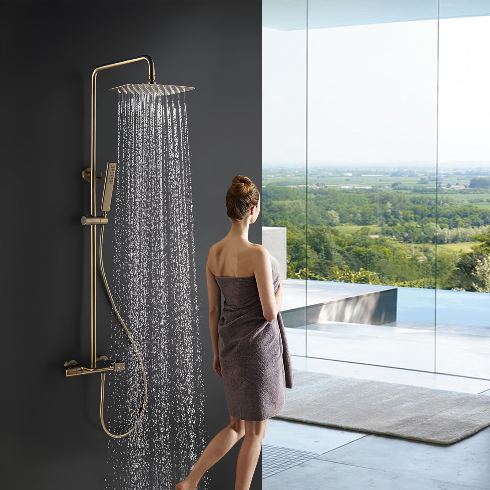 Système de douche à effet pluie anti-calcaire avec douchette manuelle et grand bec cascade