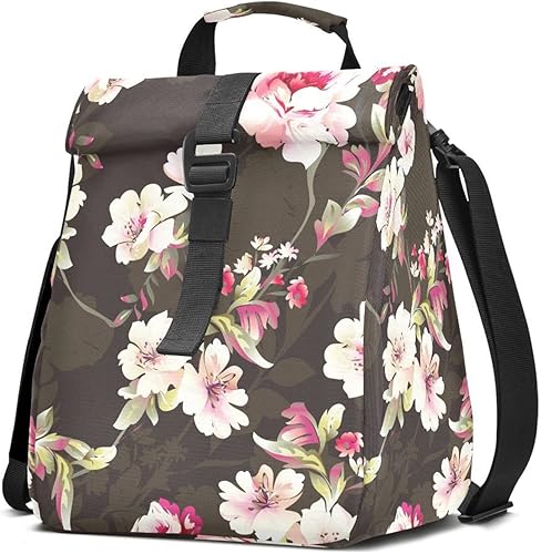 Lonchera enrollable con estampado de flores y flores, con aislamiento, plegable, portátil, para mujeres, con correa ajustable para el hombro, para