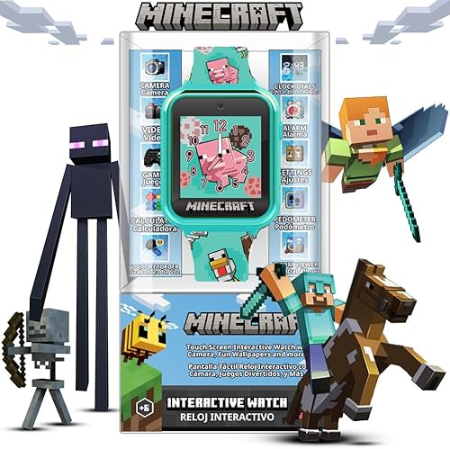 Minecraft - Reloj inteligente para niños con pantalla táctil, 10 caras de reloj, juegos, cámara, alarma, temporizador, contador de pasos y