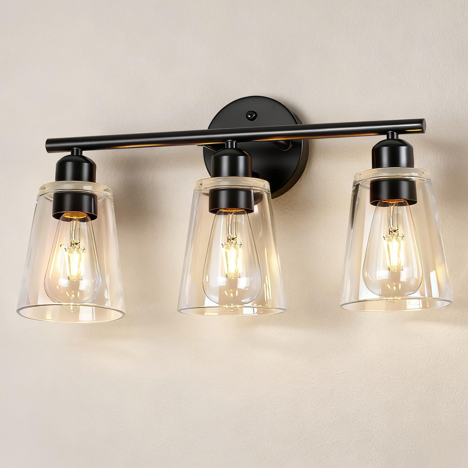 TALOYA 19 Inch Brushed Black Bathroom Light Fixtures with Thickend Clear Tapered Glass Shade, 3-Light Modern Vanity Light Over Mirror for Bathrooms, Bedrooms (Bulbs Not Included)