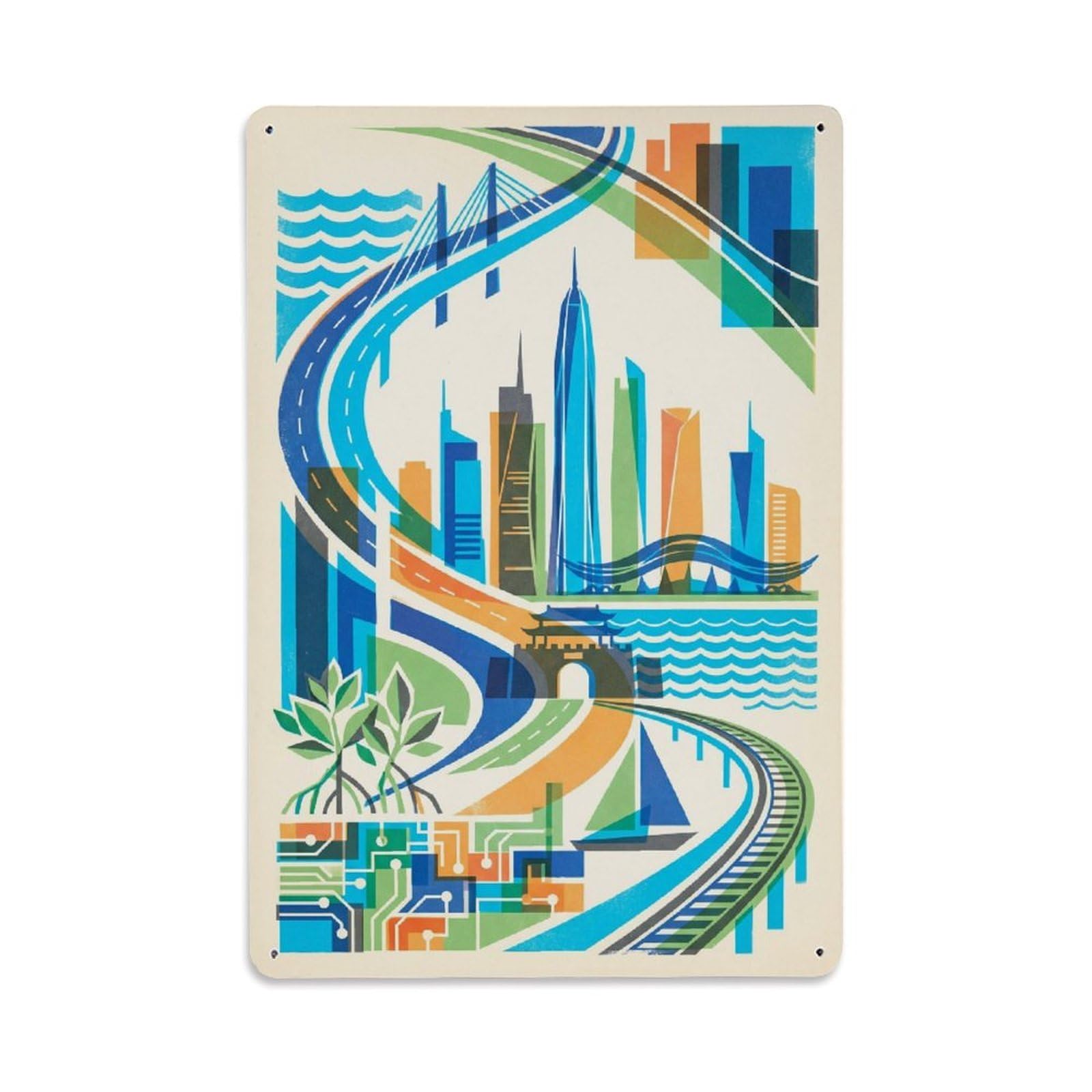 Okngb Style Retro Shenzhen Travel Landmark Transit Lines Graphic Metal Tin Sign Plaque Wall Decor For Cafe, Man Cave, Club Bar, Office, Home Garden Round Metal Poster 8X12inch