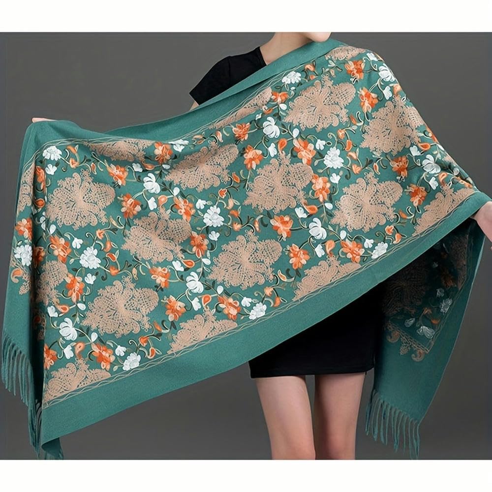 SYJYM Châle en Cachemire brodé à Fleurs de Style bohème Luxueux, fabriqué à la Main, Polyvalent, Grande écharpe, Bords à Pompons, Laine Ethnique Lierre