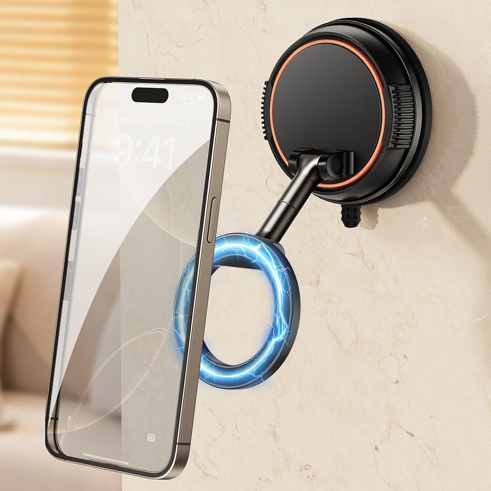 SCENEIN Magnetic Suction Cup Shower Phone Holder, Mirror Phone Mount For Bathroom Stick On Wall Makeup Mirror Compatible With Mag Safe, Bathroom Phone