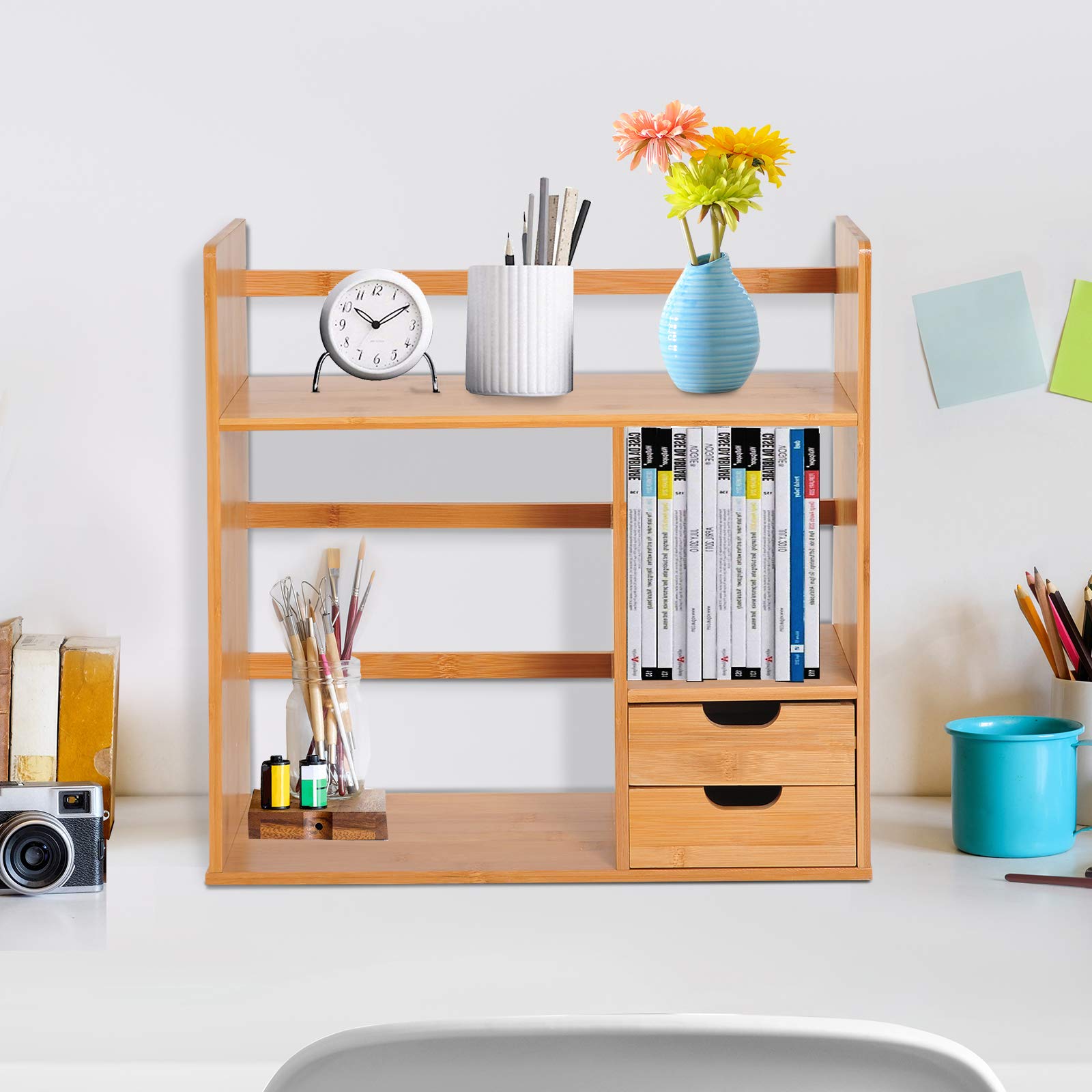 HOMCOM Organiseur de bureau avec tiroirs Bibliothèque multifonctionnel Étagère de Rangement pour Maison École Bureau en Bambou Naturel