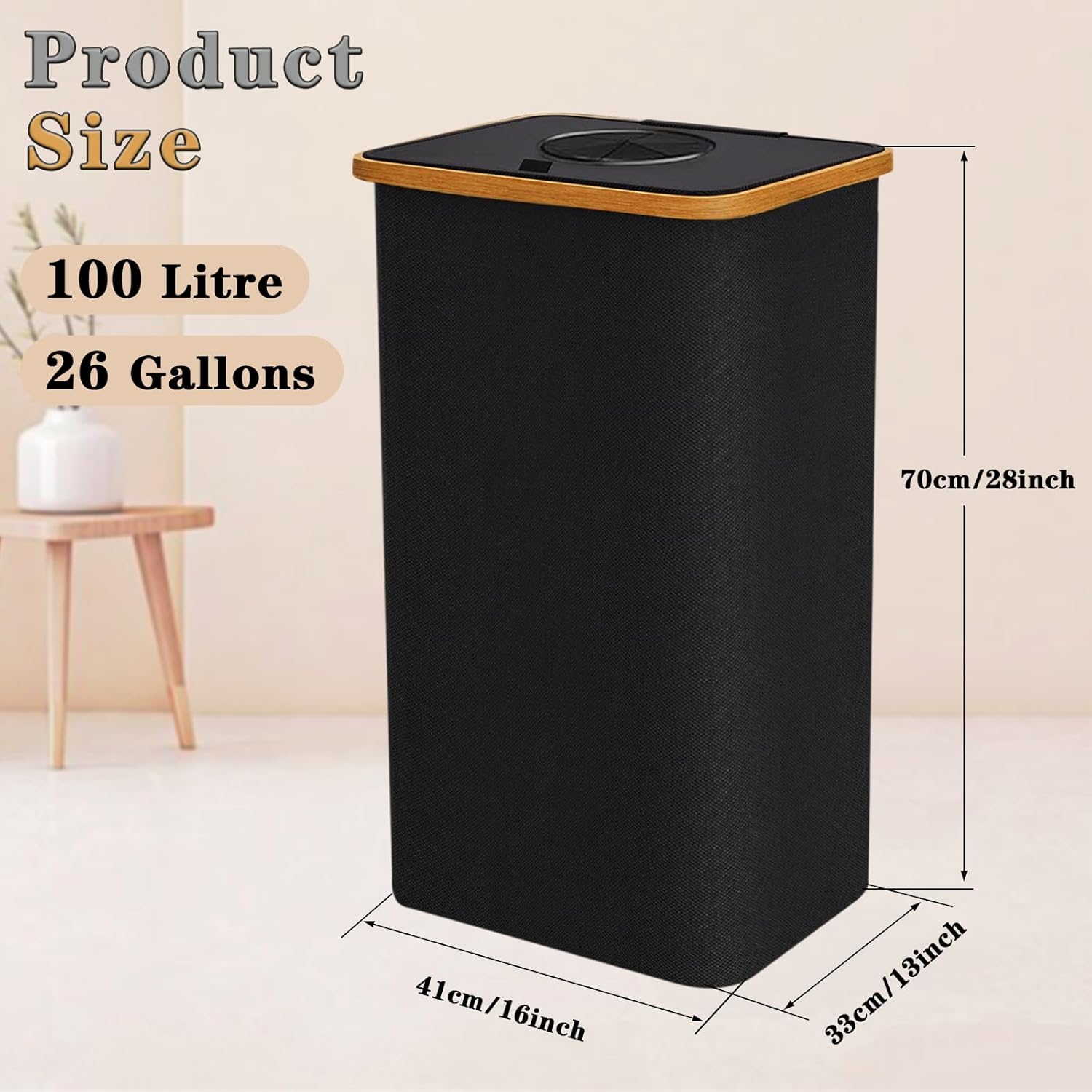 Recycling Bin for Kitchen 26 Gallon, 100L Large Recycle Bins with Bamboo Lid, 2 Removeable Reusable Inner Bags, Foldable Kitchen Trash Can for Recycling Bottle Glass Waste Plastics, Black
