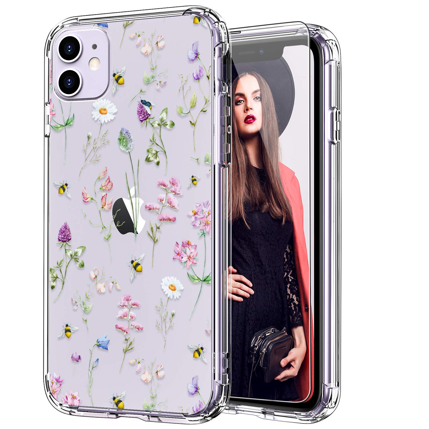 ICEDIO iPhone 11 Case with Screen Protector,Clear TPU Cover with Floral Patterns for Girls Women,Shockproof Slim Fit Protective Phone Case for Apple iPhone 11 6.1 inch Tiny Flowers Purple