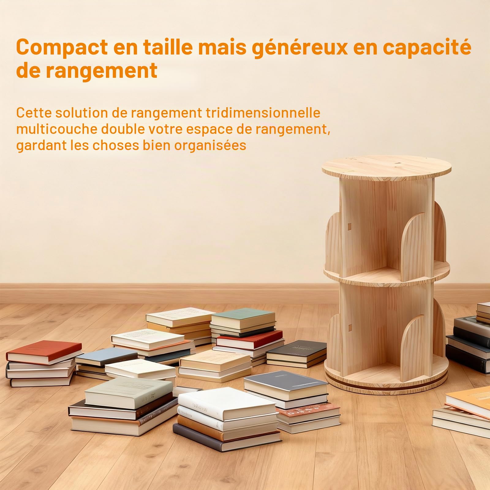 Bibliothèque rotative à 2 étages en bois massif - Étagère debout à 360° - Étagère à livres multifonctionnelle - Étagère de rangement pour enfants et adultes - Diamètre 39 cm - Hauteur 67 cm