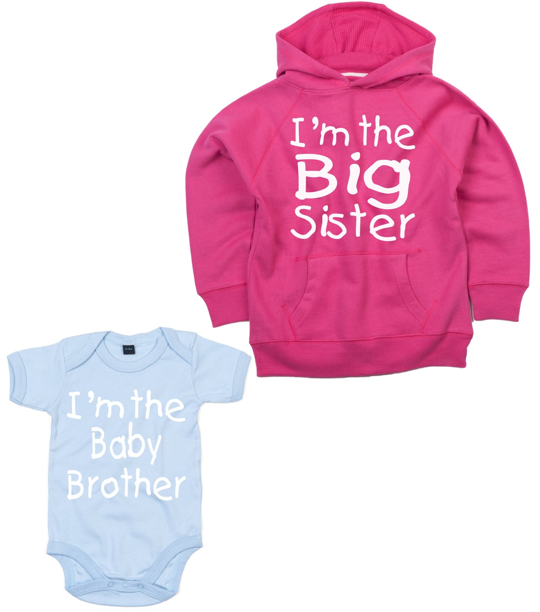 7-8yrs 0-3months 'Matching Big Sister Fuchsia Hoodie with I'm The Baby Brother Sky Blue Bodysuit Set