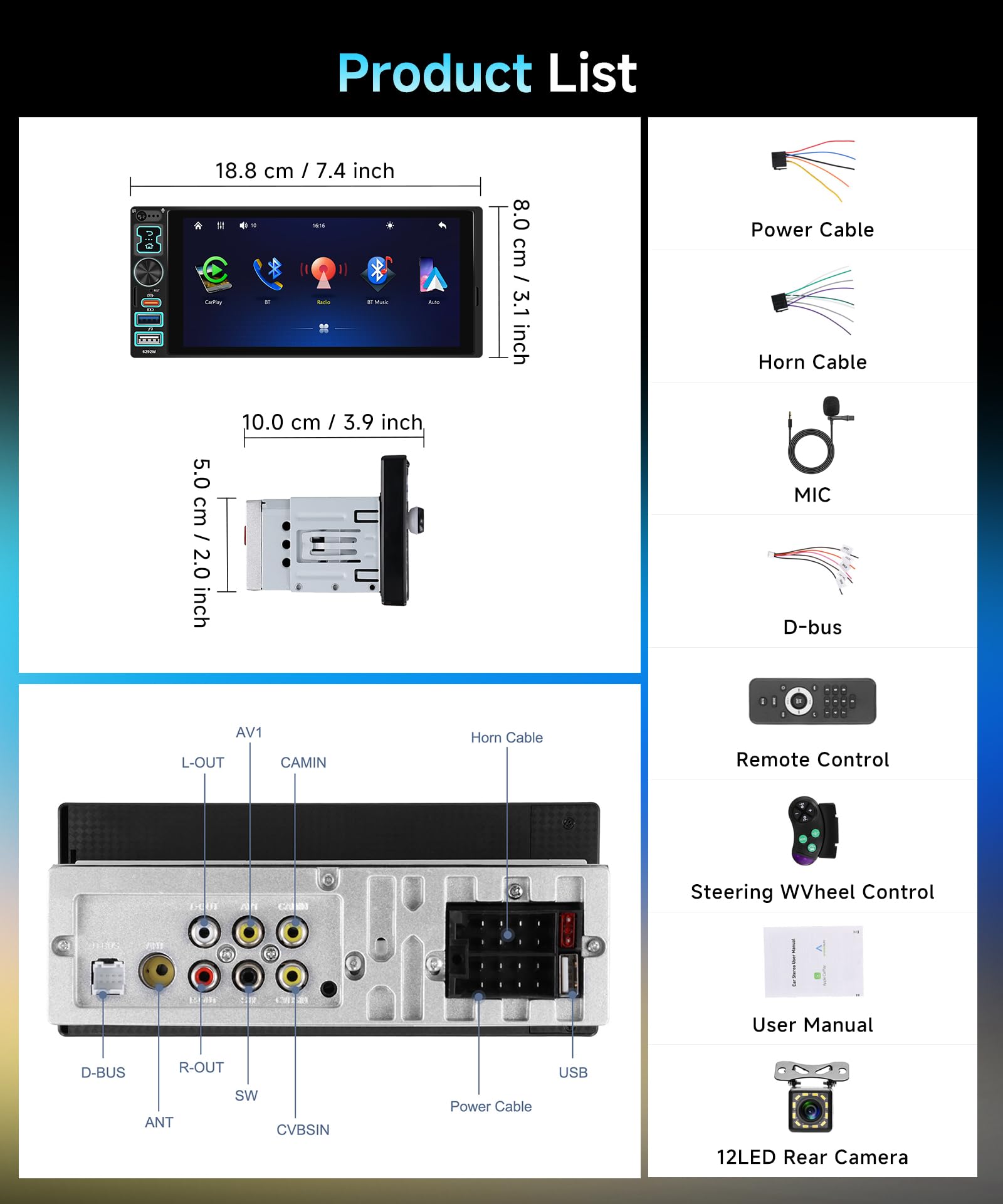 VECHTEL 6,8" radio samochodowe 1 Din z bezprzewodowym systemem Android Carplay, radio FM Bluetooth z ekranem dotykowym IPS, Airplay, EQ, WiFi Navi GPS, USB/Type-C, radio samochodowe z ekranem