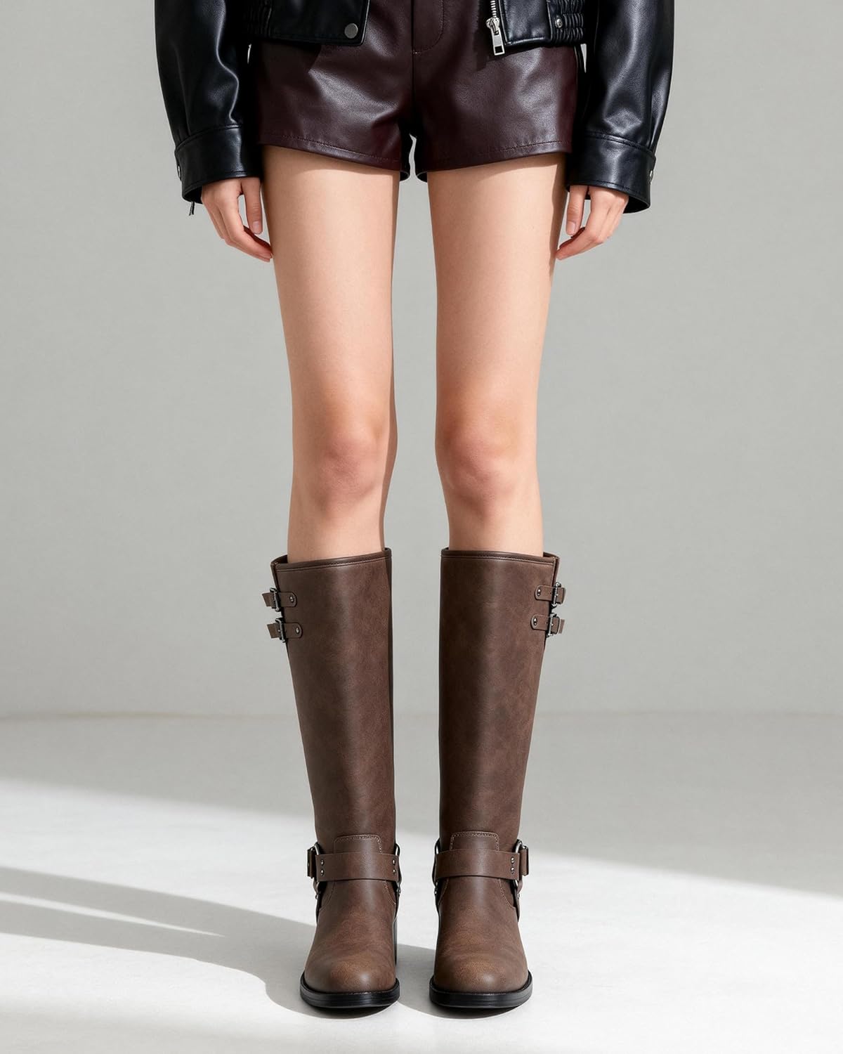 Knee High Boots for Women Faux Leather Riding Biker Motorcycle Boots Wide Calf Square Toe Pull On with Buckles Chunky Heel Metallic Vintage Casual Style - Image 2