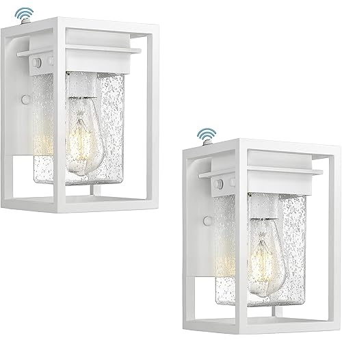 Osimir Dusk to Dawn Sensor Outdoor Wall Lights 2 Pack, Outdoor Light Fixtures Wall Mount in White Finish with Seed Glass, Aluminum Outdoor Sconce, OS-3004