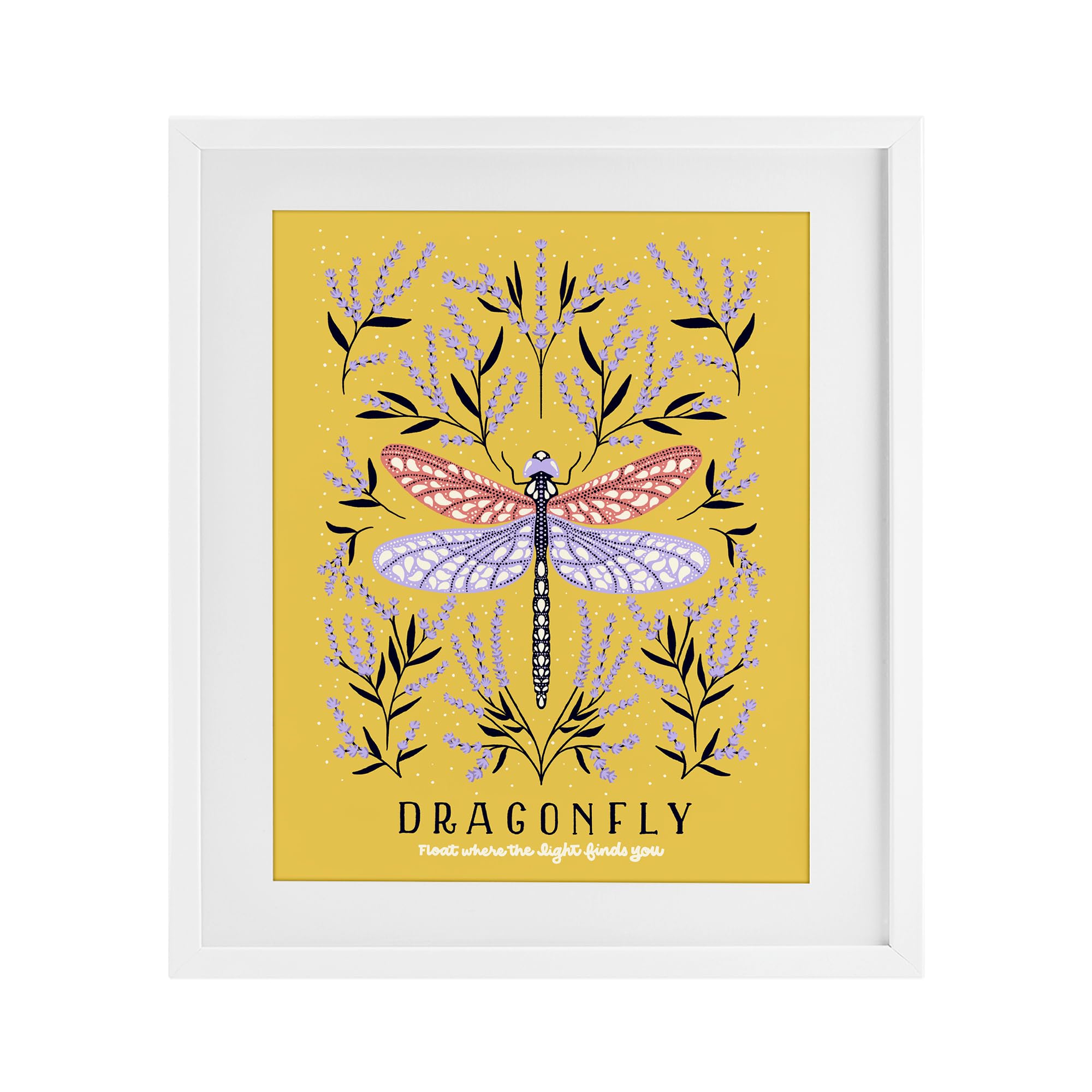 'Dragonfly Symmetry on Yellow'| Framed Print Under Glass