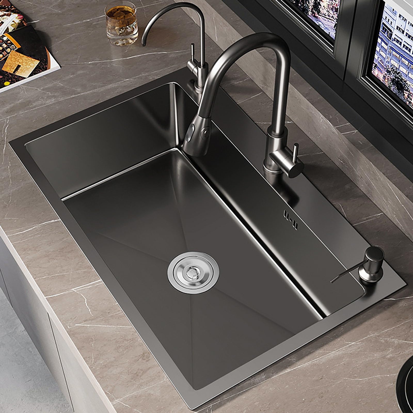 ZQFHSX Stainless Steel Kitchen Sink Set 80x45cm with Drainer & Pull-Down Faucet Modern Utility Sinks for HomeBlack Finish Perfect Renovation.