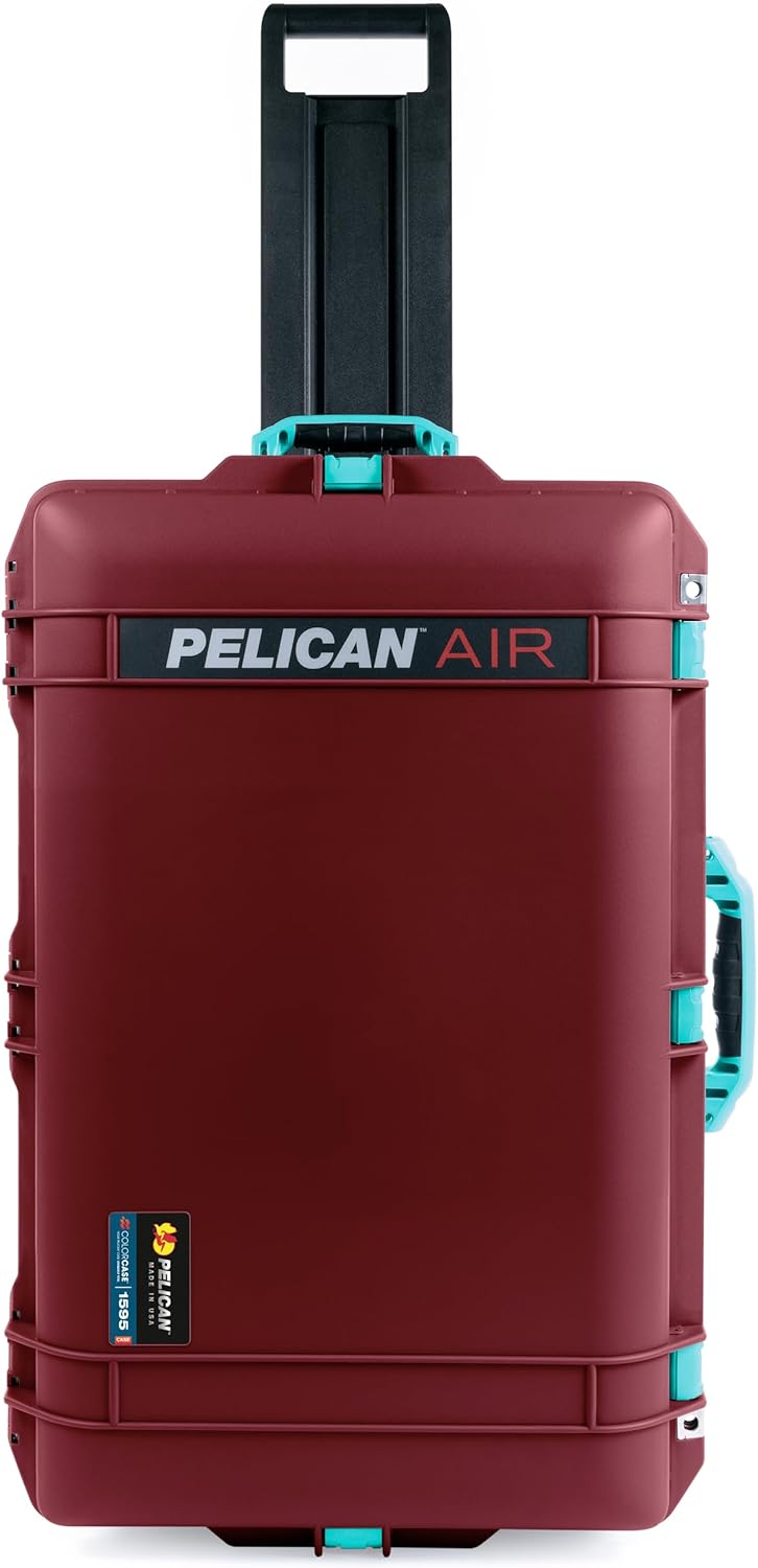 ColorCase Pelican 1595 Case OxBlood - Large Sized Waterproof Case with Pick & Pluck Foam & Combo Pouch Lid Organizer- Teal Handles & Latches