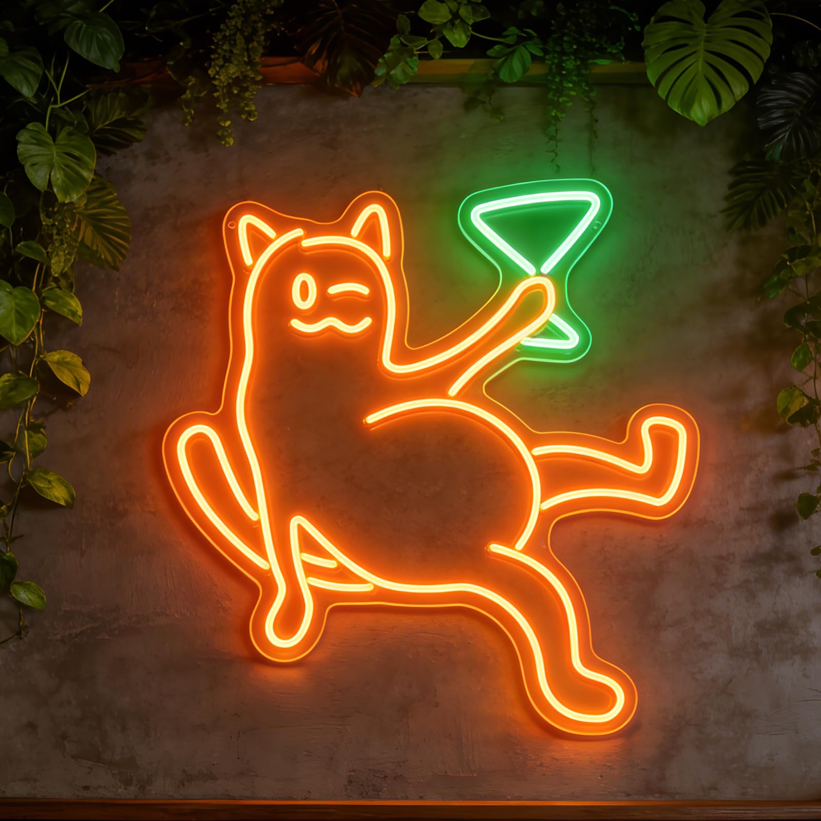 Cat LED Neon Sign for Wall Decor Dimmable Orange Cat Green Wine Glass Design Neon Light USB Powered with Hanging Chain Acrylic Light Up Sign for Man Cave Bar Nightclub Party Decor Birthday Gift (5V)