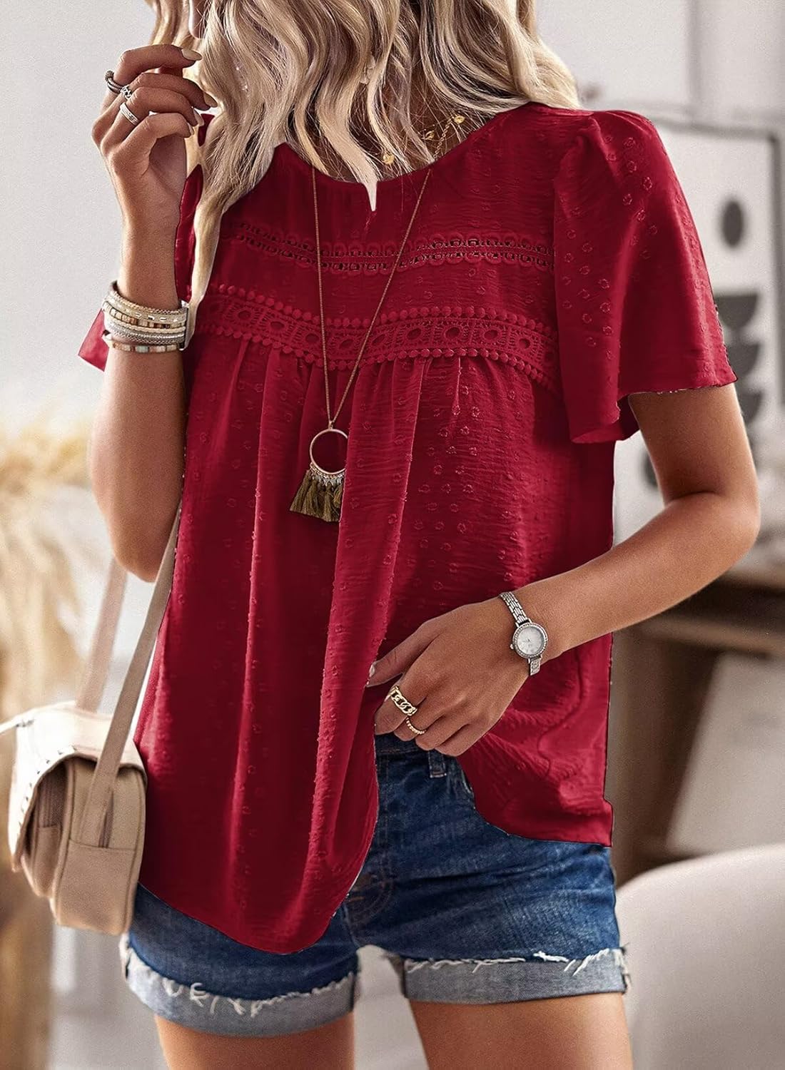 Womens Summer Tops Crewneck Short Sleeve Shirts Casual Chiffon Blouses Flowy Lace Hem Boho Clothing Trendy 2026 - Image 2