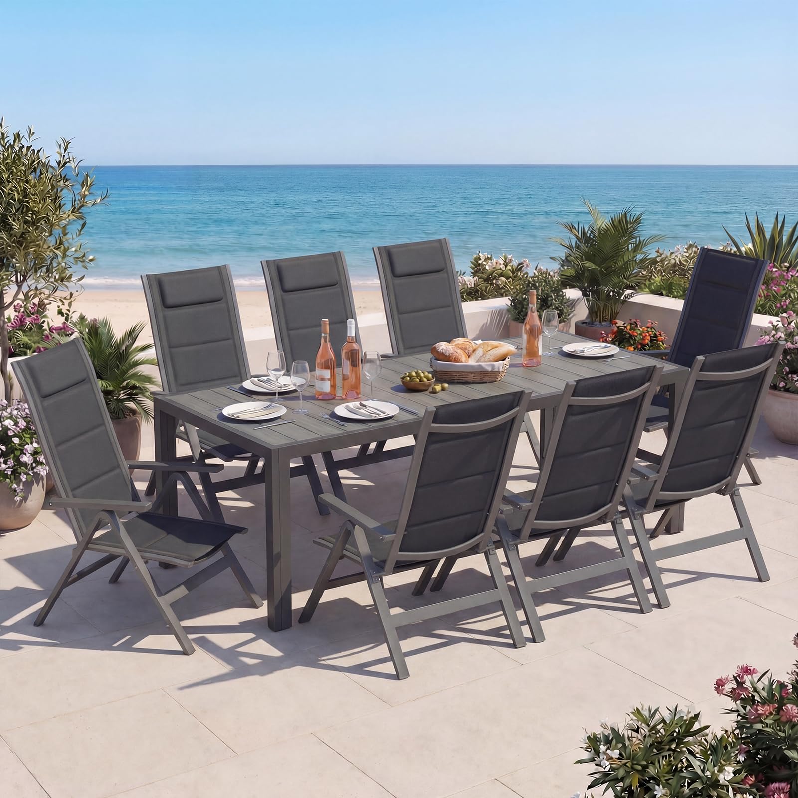 Devoko Gartenmöbel Set 8 stühle mit Tisch, Bestehend aus 1 Aluminiumtisch und 8 Klappstühlen für balkonmöbel. 1 x 189 cm Gartentisch mit Holzmaserung, Terrassenmöbel-Set, Dunkelgrau.