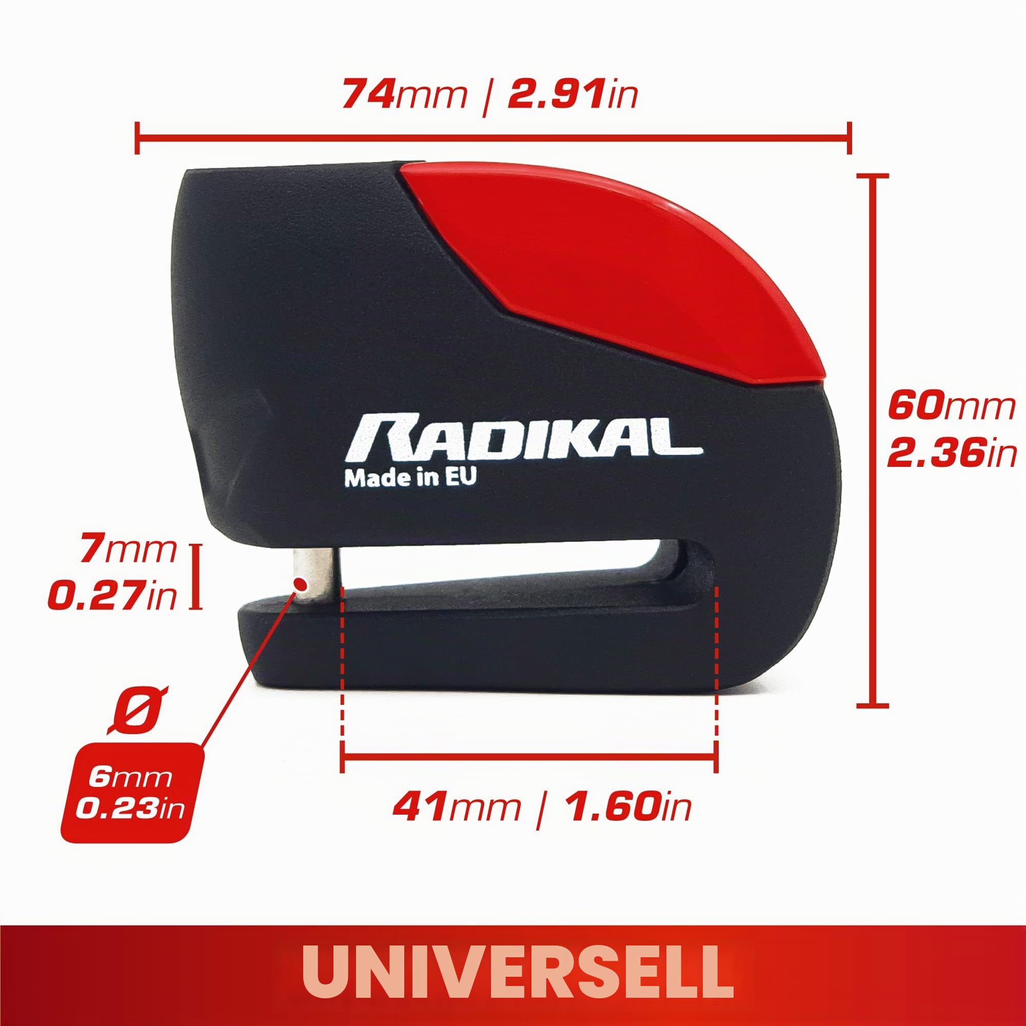 RADIKAL RK9 Bremsscheibenschloss mit Premum Alarm | 120dB, ON/OFF nach Wahl, LED Warnung Voralarm | Motorrad Schloss aus Vollmetall, 100% wasserdicht, Universal Ø6 für Motorrad Moped E-Bike Fahrrad