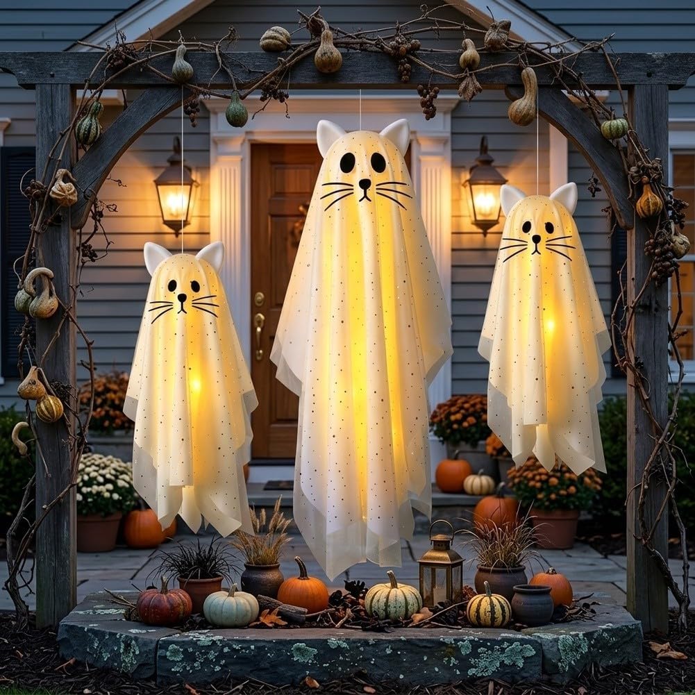 3 Stück Halloween Hängefiguren Katze mit Licht