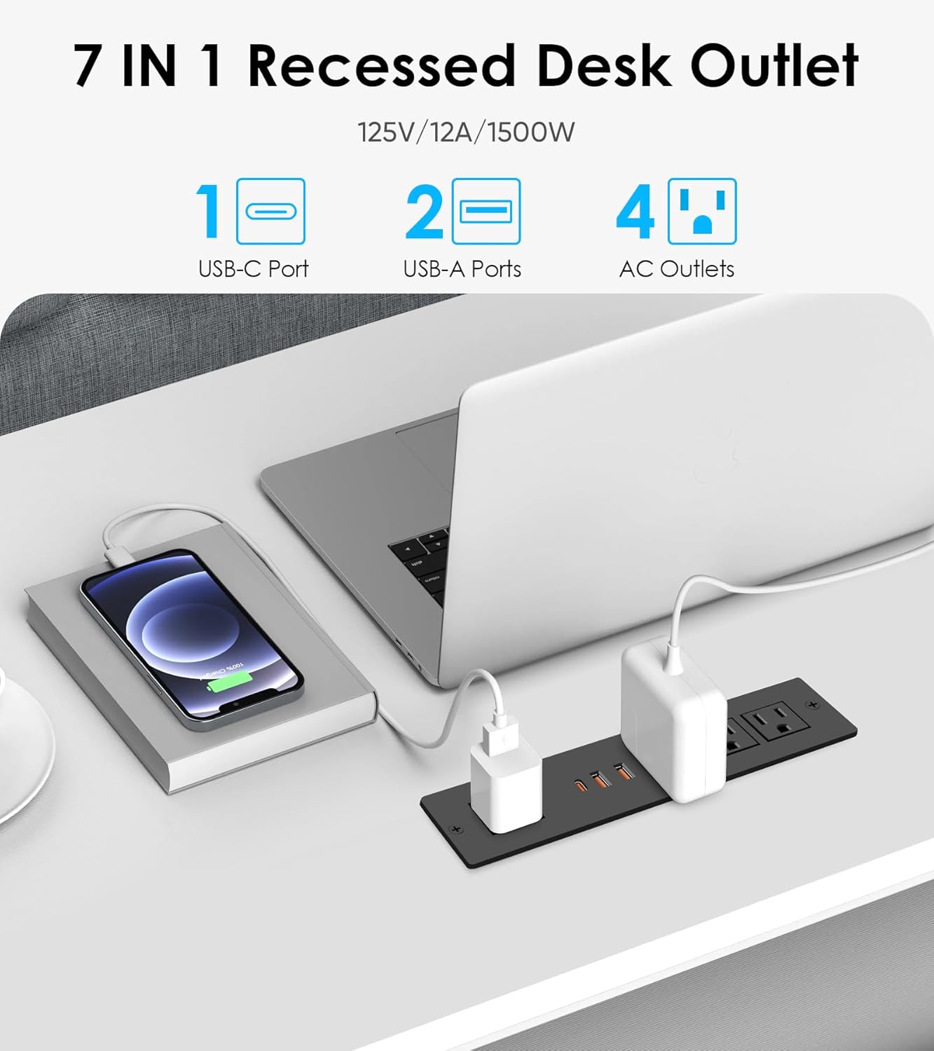 Recessed Power Strip with PD 20W USB-C, Flush Mounted Drawer Outlet, 4 Outlets & 3 USB Ports, Conference Desktop Built in Power Strip, 6FT Extension Cord(Black)