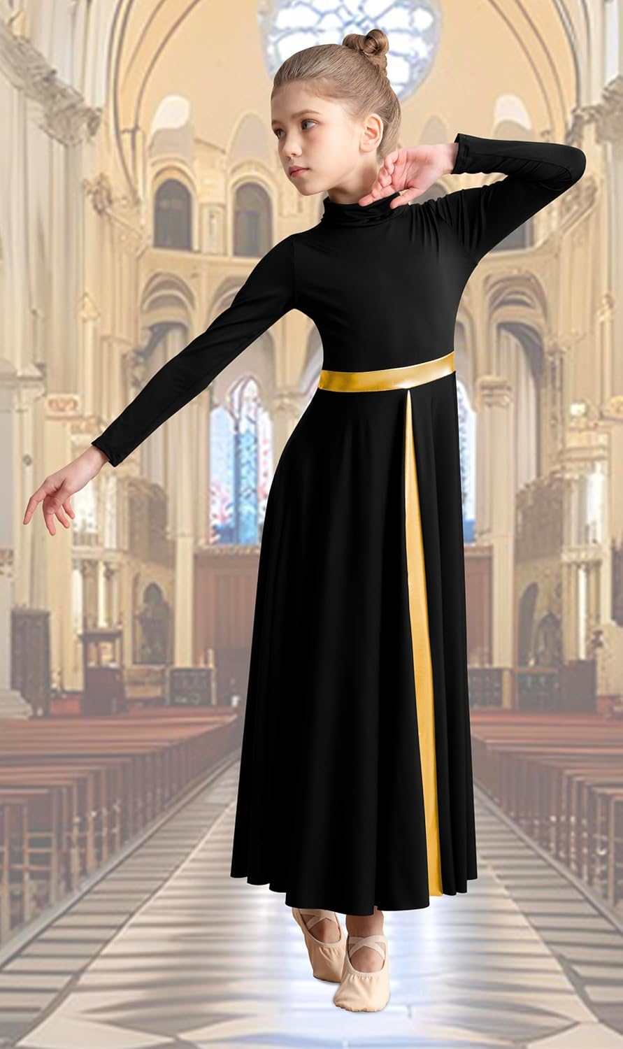Girls High Neck Praise Dance Dress Loose Fit Full Length Long Sleeve Liturgical Dance Dress - Image 3