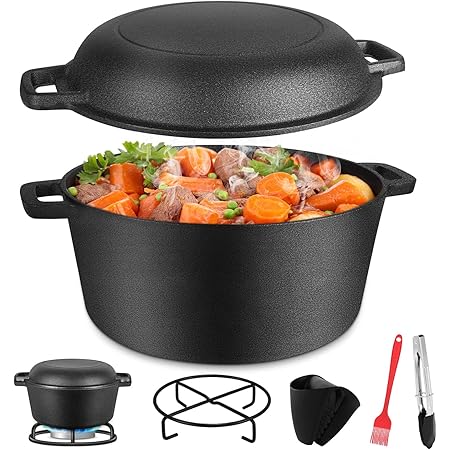Gifort Dutch Oven, Gusseisen Topf Schmortopf Bräter mit Deckel für BBQ Küche Camping Brot Backen, Feuertopf Set mit Rack, Zange, Bürste und Clips