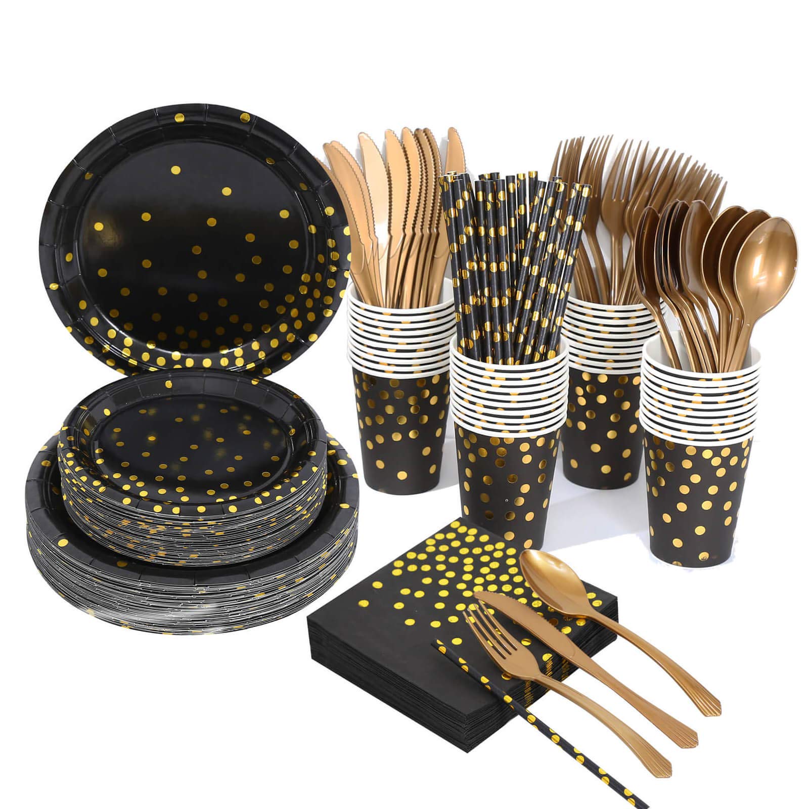 Gexolenu Black and Gold Party Plates set, Gold Foil Dot Disposable Dinnerware, including Paper Plates, Napkins, Cups, Straws, Plastic Forks Knives and Spoons for Birthday, Wedding (25 sets X 8 items)