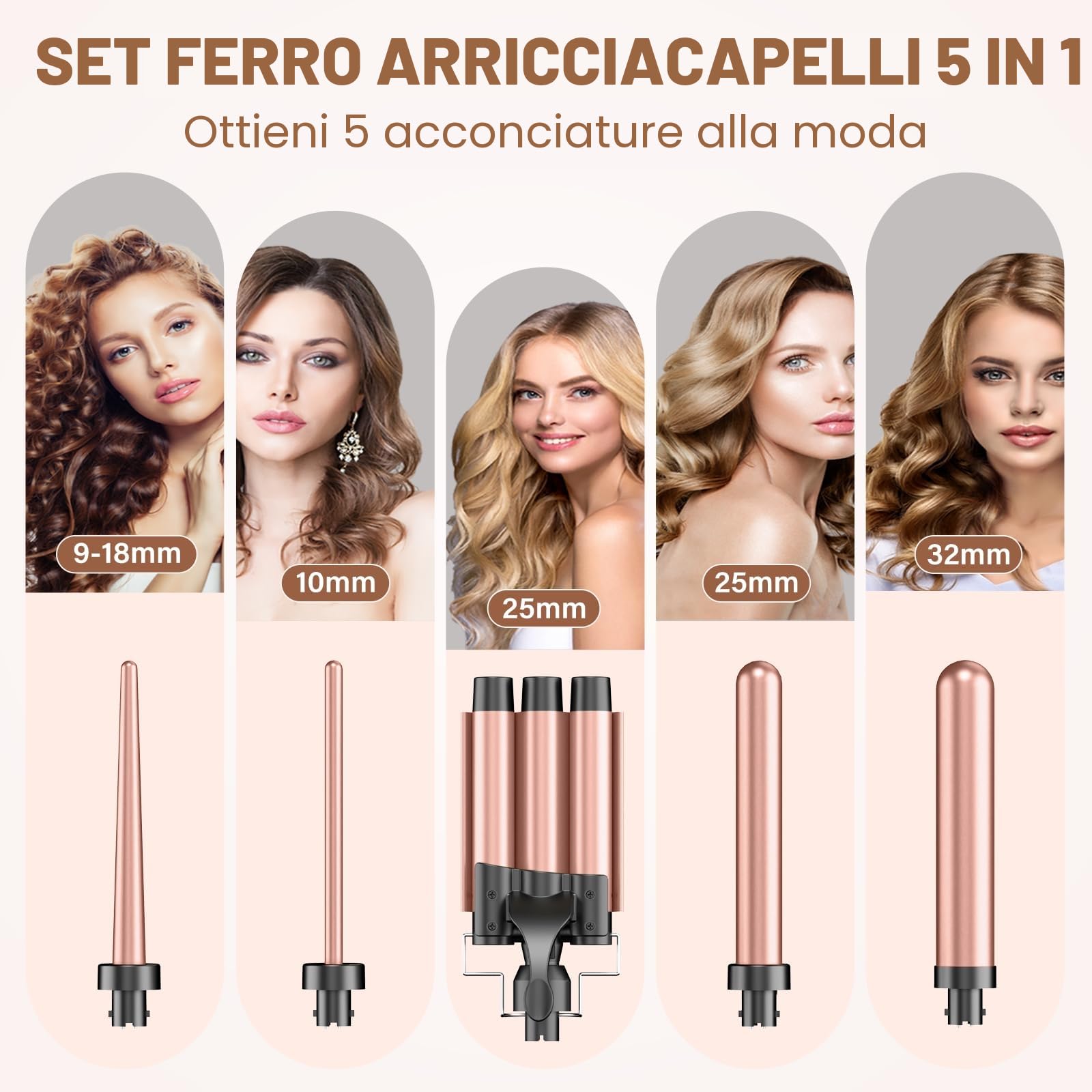 BESTOPE PRO Set di ferro arricciacapelli 5 in 1 – 3 fusti in ceramica per ricci e onde grandi – Riscaldamento rapido, 2 livelli di temperatura, bigodini con guanto e 2 clip, anti-crespo, doppia
