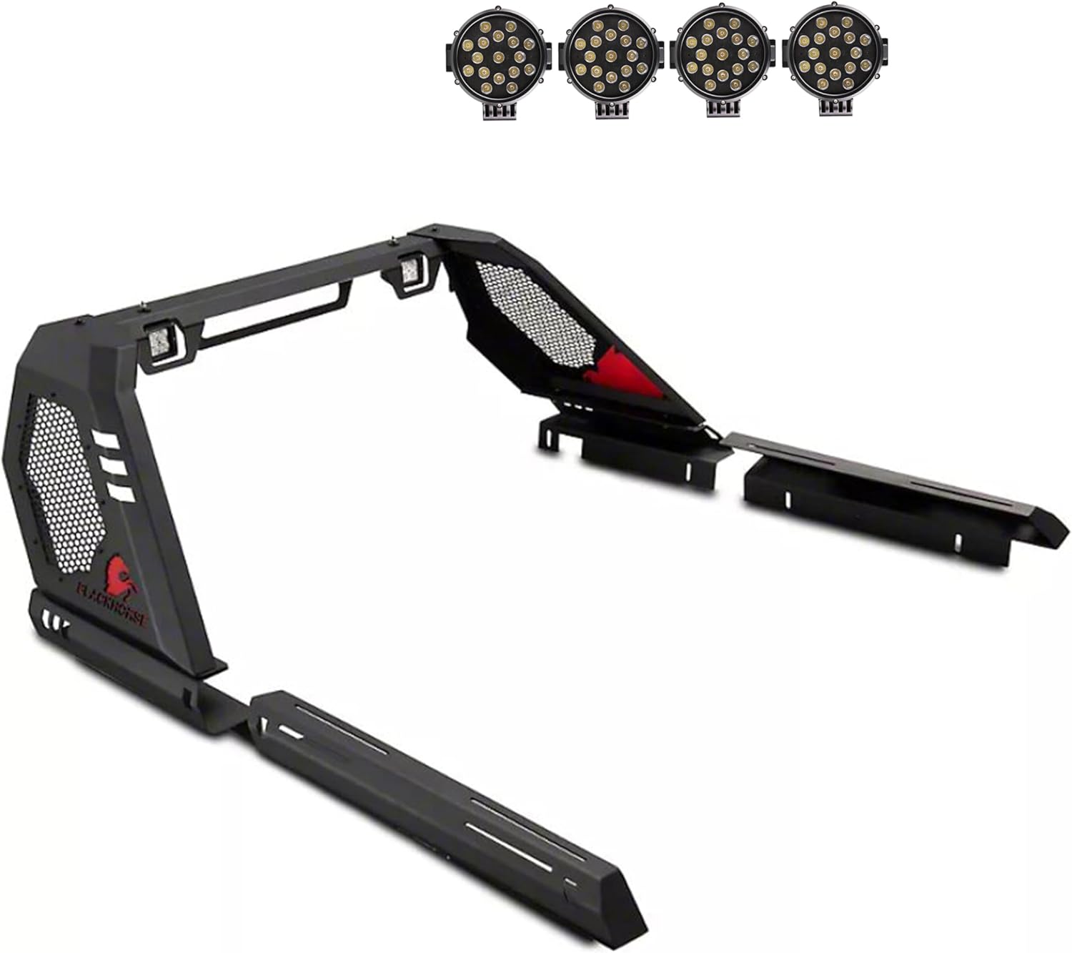 Black Horse Vigor ROLL Bar Kit with 2 Sets of 7" Round Black LED Lights & with Adjustable Square Lights - Compatible with 2020-2021 Jeep Gladiator - VIRB09B-PLB