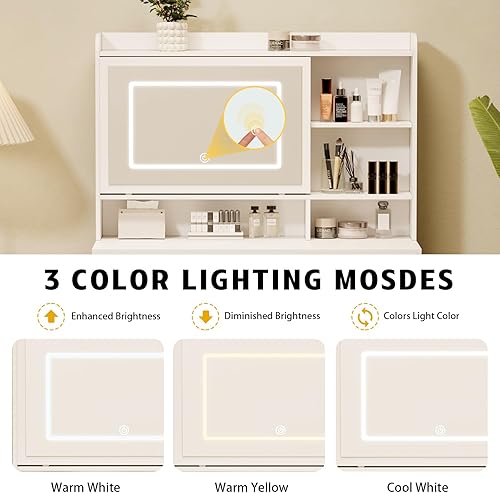 Miniatura 5 de Vanity Desk with a Mirror and Lights，with Chair and Four Drawers, Three Adjustable Lighting Modes，with Power Outlet and Sliding LED Mirror,Bedroom