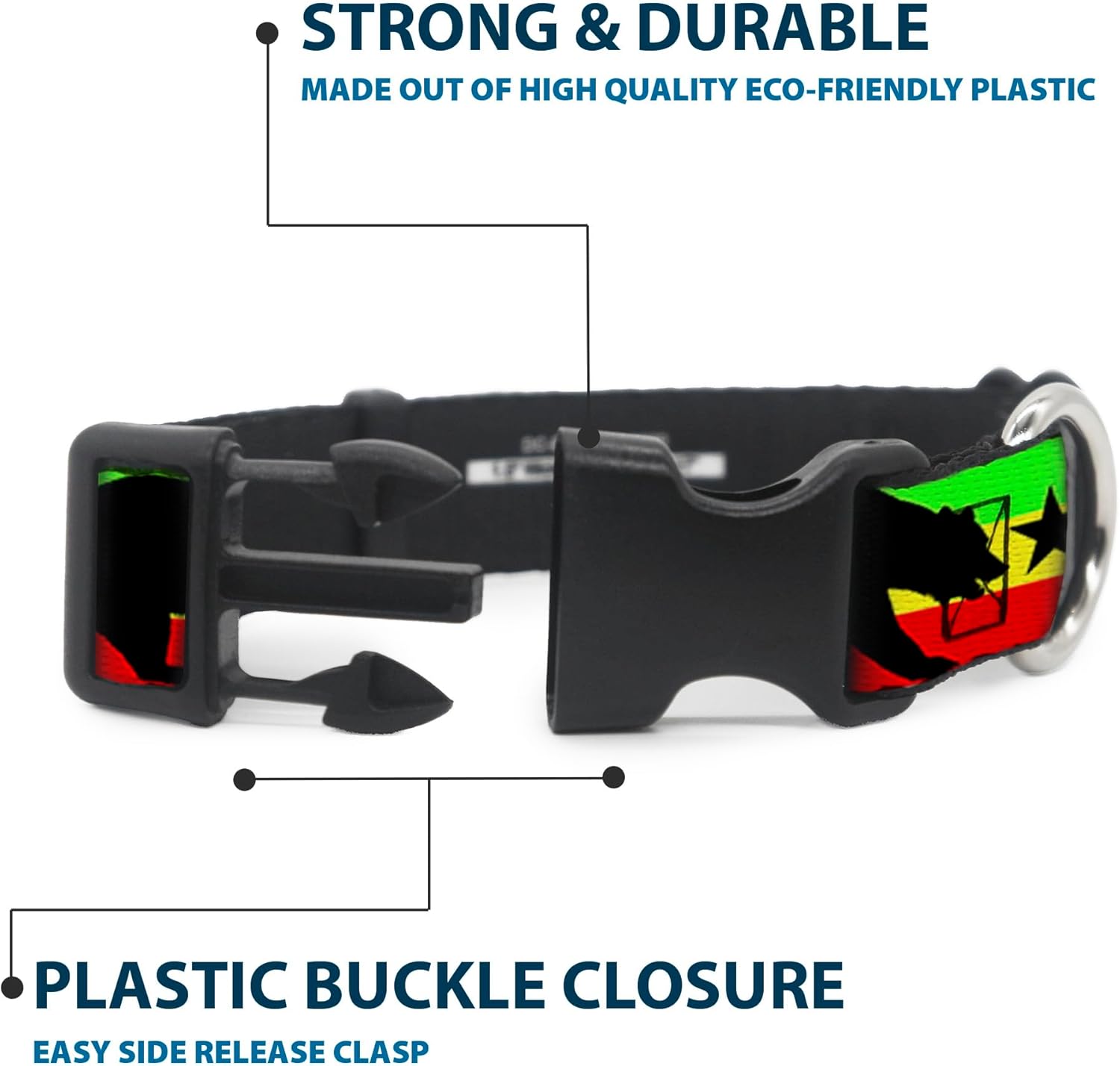 Buckle-Down Cali Bear/Star Silhouette Rasta/Black Plastic Clip Collar, 1.5" Wide-Fits 18-32" Neck-Large