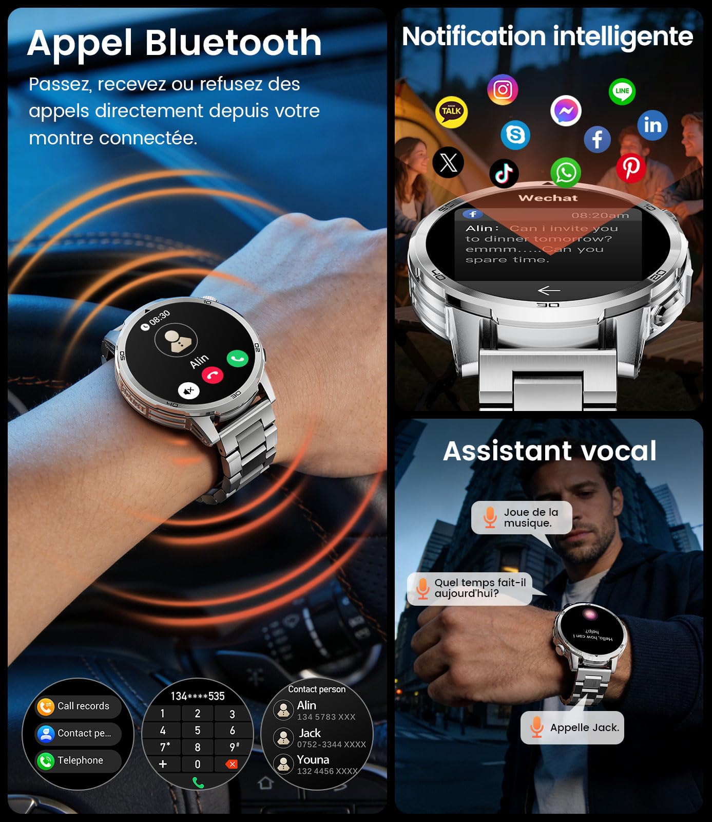 FITFLEX Montre Connectée Homme Appels Bluetooth, Batterie 1000mAh Smart Watch avec 1,85" HD écran, 120+Modes Sportifs, Lampe de Poche, Analyse de la Fréquence Cardiaque et du Sommeil,iOS Android