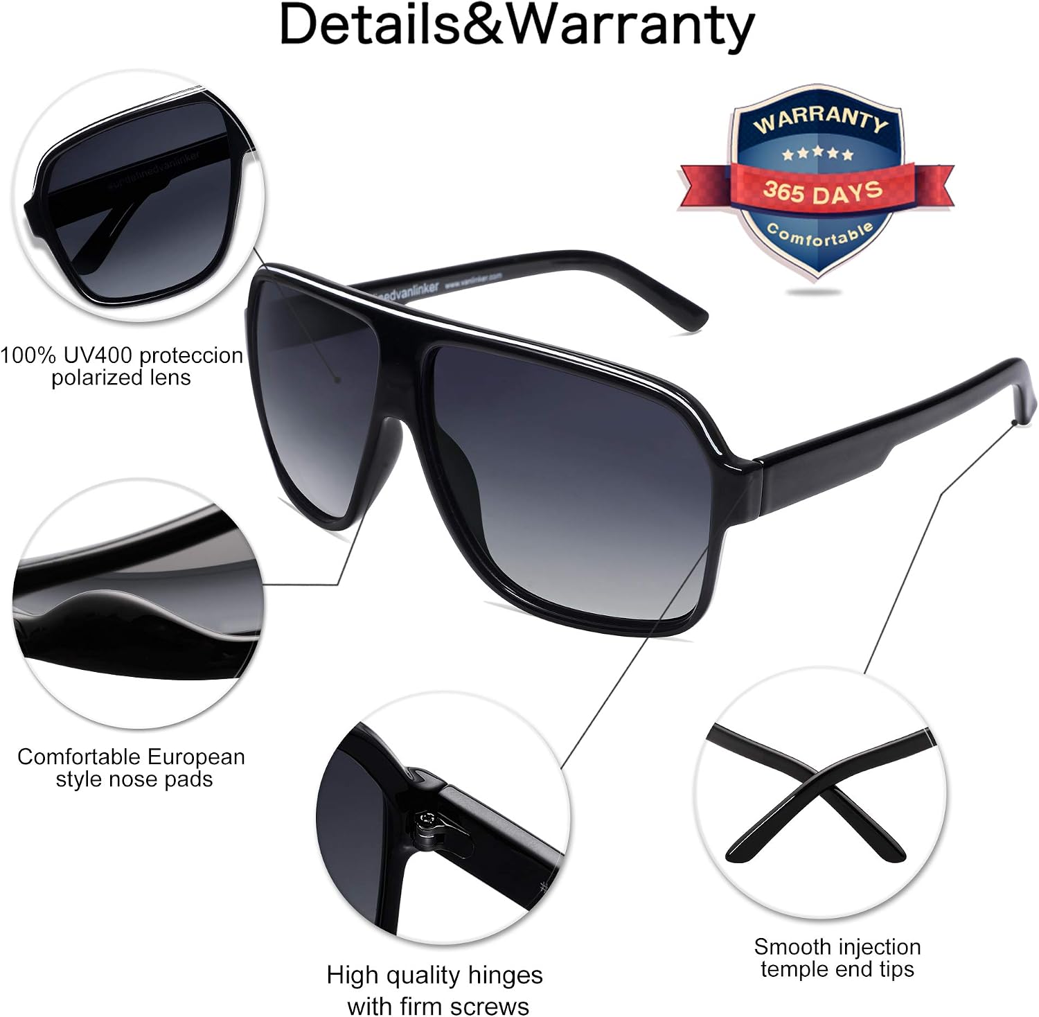 VANLINKER Polarized Oversized Aviator Sunglasses Vintage Retro 70s Square Flat Top Shield Shades Black White Frame/Gradient Grey Len