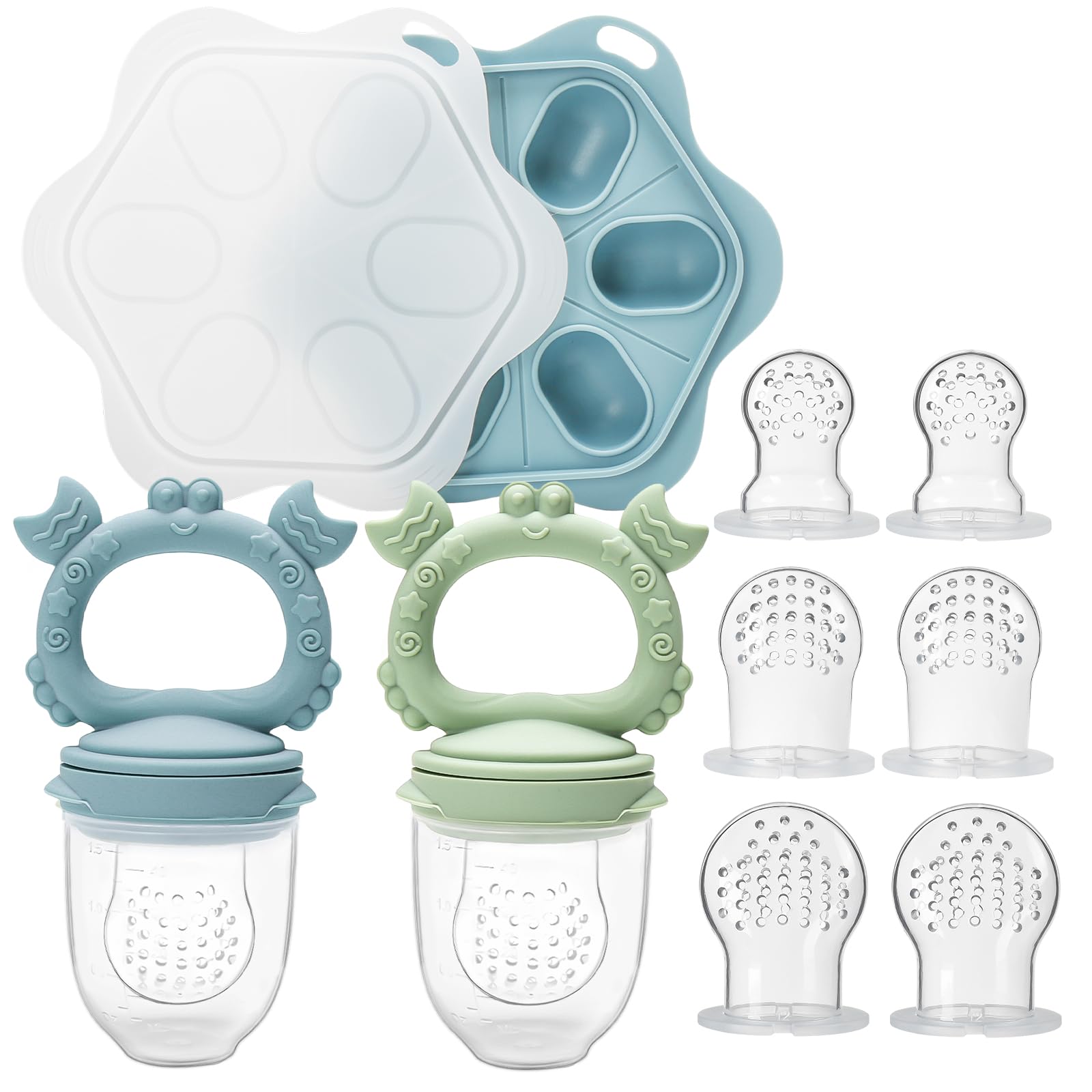 CLDY Baby Fruit Food Feeder & Mini Freezer Tray Combo, 3 Month+, Breastmilk Popsicle Freezer Molds for Baby Cooling Relief, BPA Free Silicone Feeder Fruit Pacifier for Toddler Teething Self Feeding