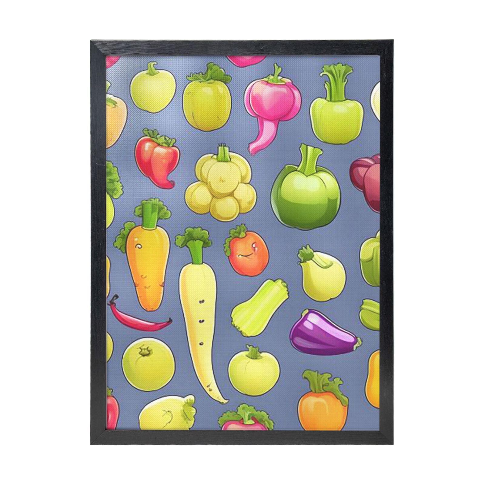 Framed Wall Art - Decorative Canvas Painting Cartoon Vegetable Fruit Pictures Poster Aesthetic Modern Prints Artwork for Bedroom Office Wall Decor Ready To Hang 12x16 in