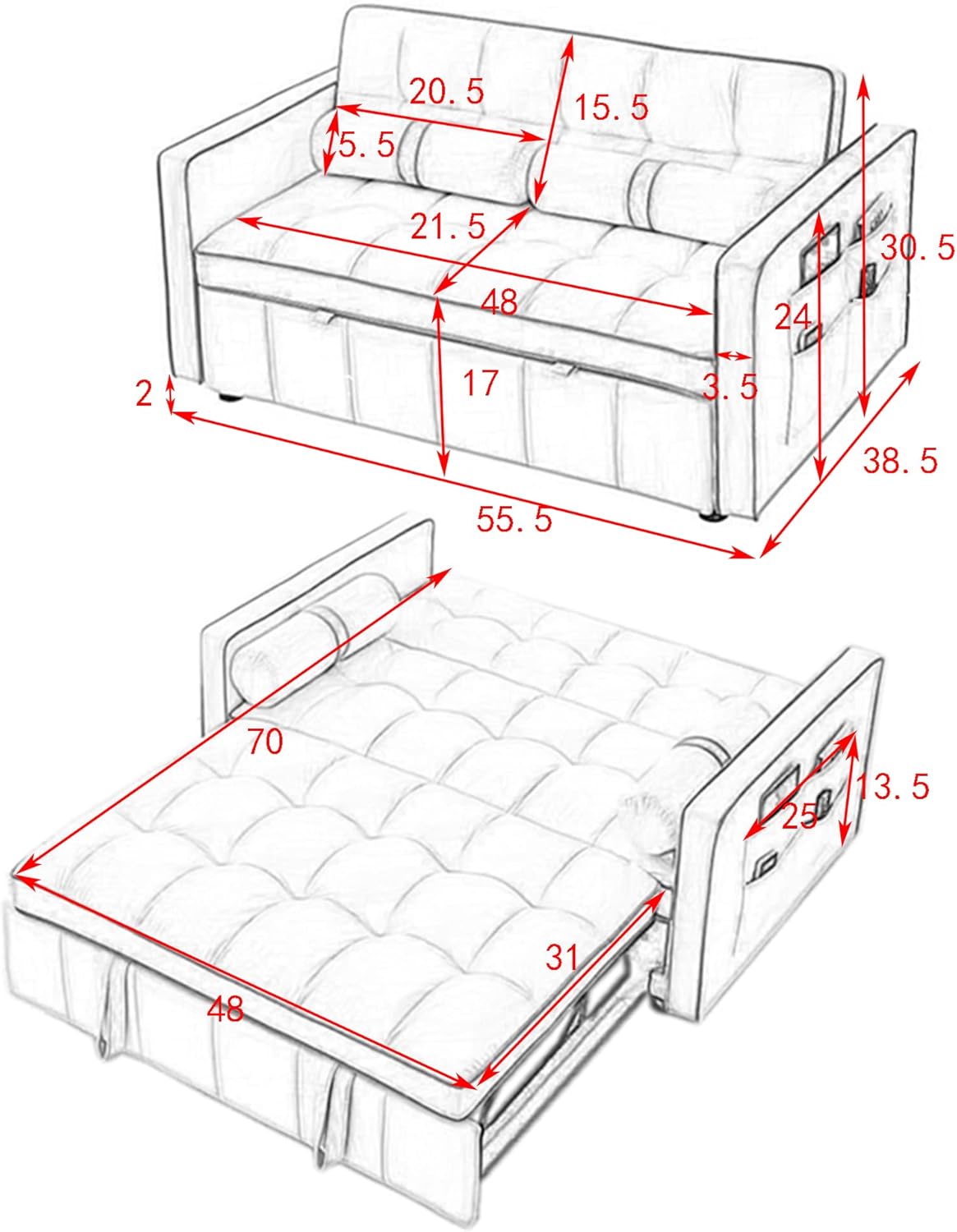 kevinplus Velvet Sleeper Sofa Couch Pull-Out Sofa Bed, Modern Tufted Upholstered Loveseat Soft Convertible Sleeper Sofa Twin Bed for Living Room Bedroom Apartment, Grey