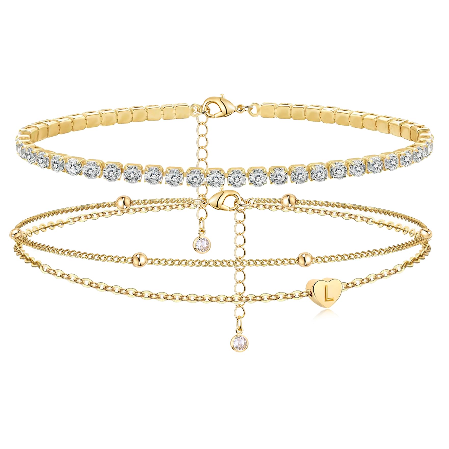 MYYOII Initial Ankle Bracelets for Women, Dainty Gold Layered Heart CZ Bead Anklets, 14K Gold Plated Waterproof Summer Beach Jewelry Set