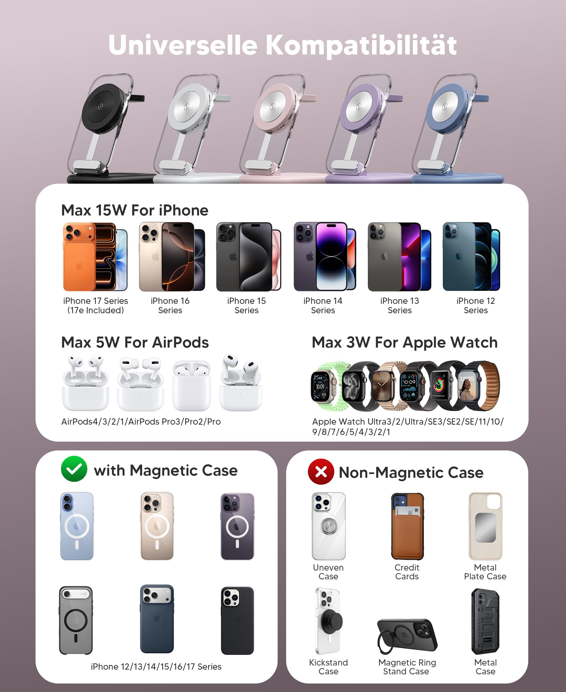 Mag Safe - Caricatore di ricarica e iPhone, 3 in 1, compatibile con iPhone 17, 16, 15, 14, 13, 12, Pro Max/Air/Plus/Pro, per Apple Watch 10/9, Airpods 3/2/Pro, pieghevole, colore: Rosa