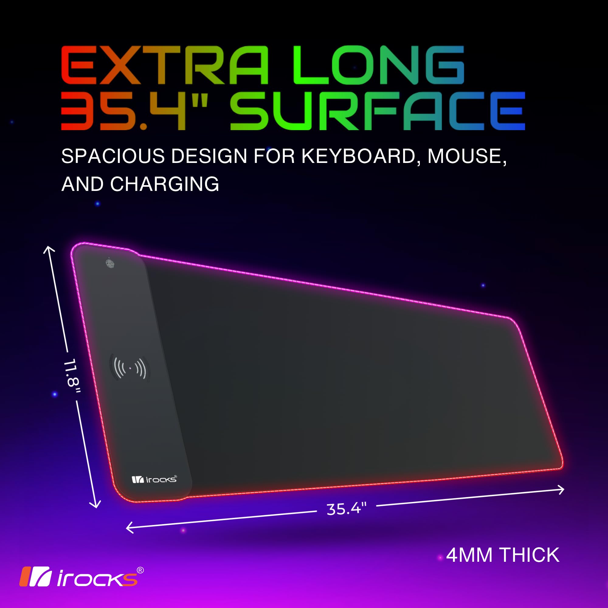 i-Rocks, tappetino per mouse da gioco RGB extra lungo da 10 W, caricabatterie rapido wireless, base in gomma antiscivolo, 35 pollici, 10 effetti di colore, retroilluminato a LED per dispositivi Qi