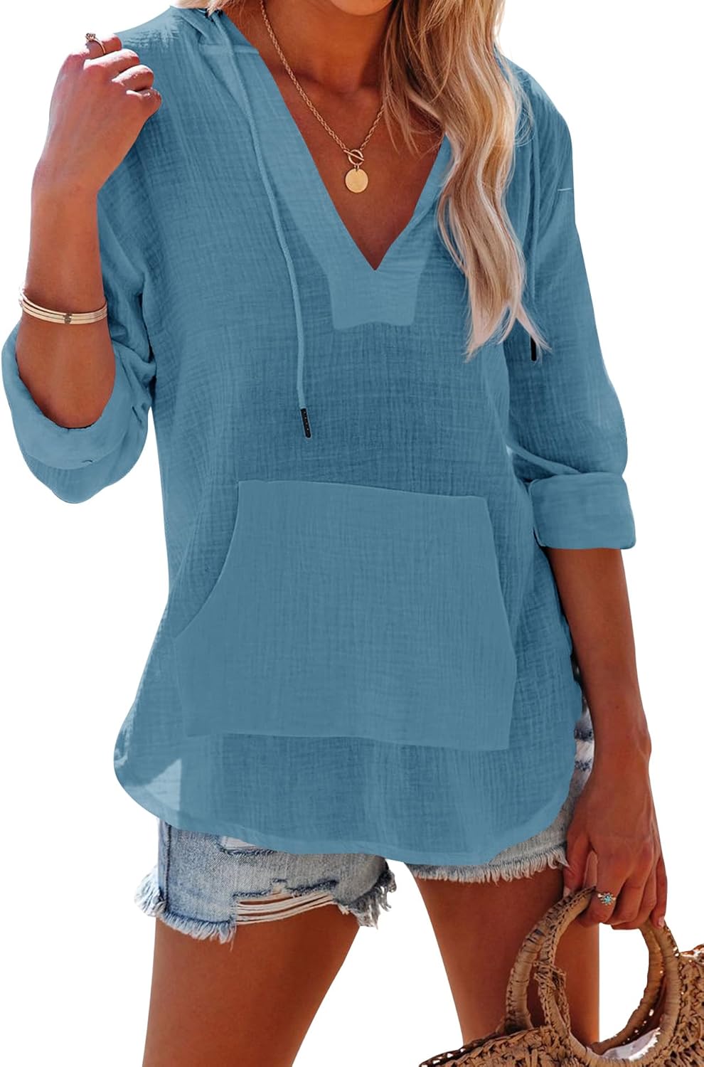 Ebifin Women's Beach Cover Up Hoodies Sweatshirt Long Sleeve V Neck Pocketed Hooded Shirt Top