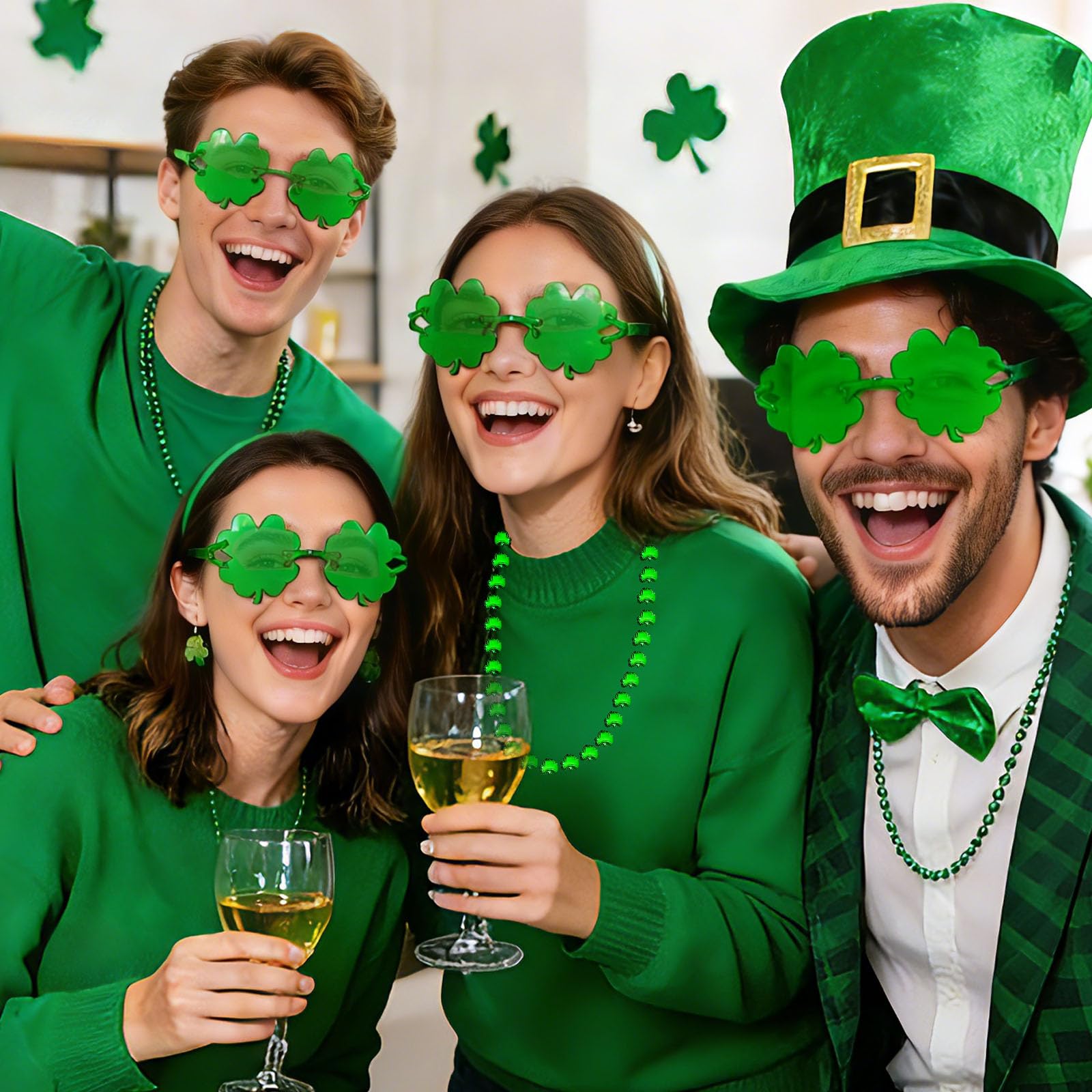 48 Pcs St Patricks Day Accessories, Irish Fancy Dress Shamrock Glasses Bracelets Green Necklace Tattoo Stickers - Image 4