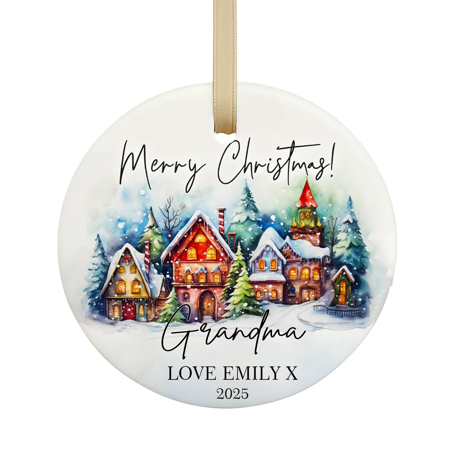 Gutegifts White Personalized Merry Christmas Ceramic Ornament | Custom Xmas Tree Decoration Gift For Family Friends Grandma Grandad Nanny Grandparents Keepsake