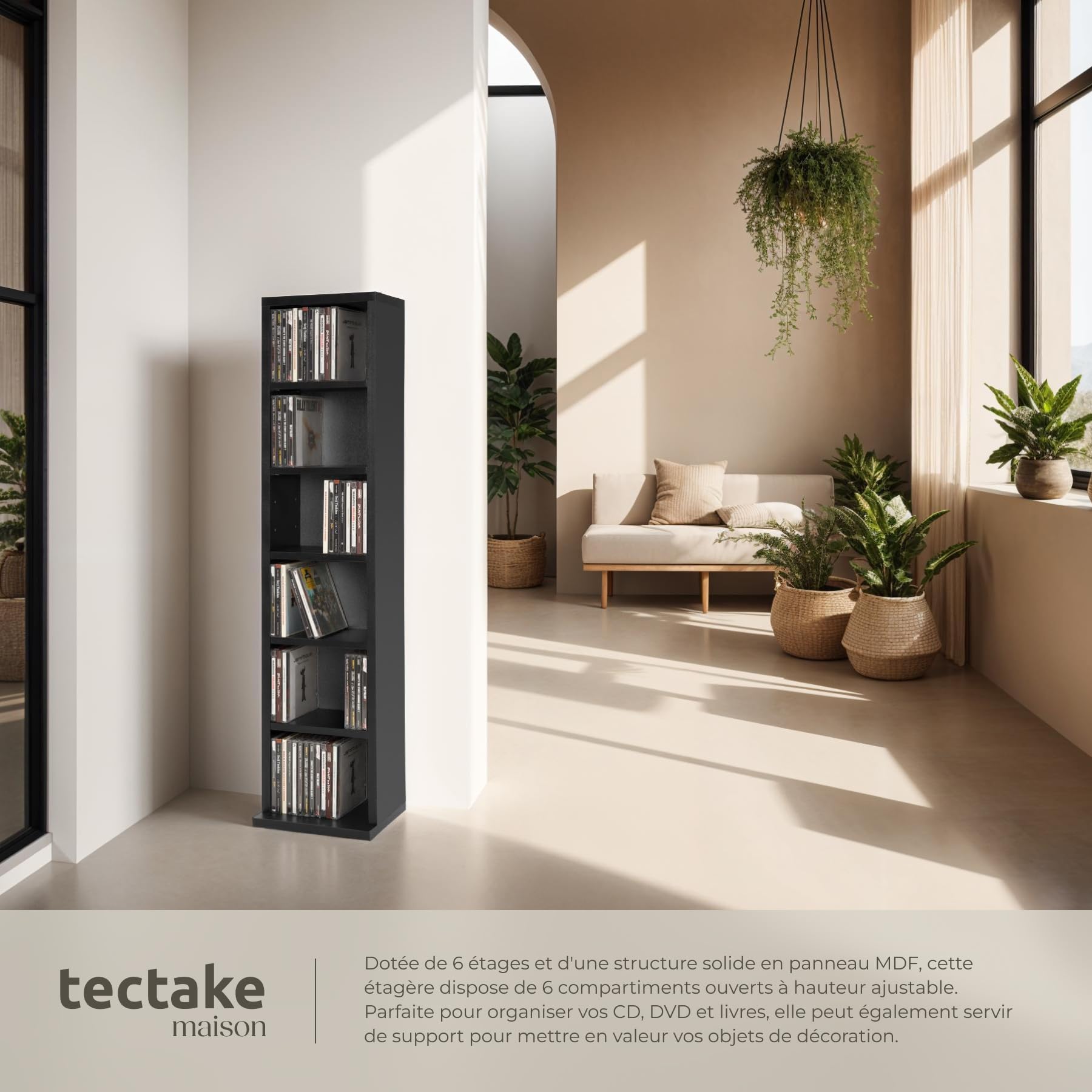 tectake® Étagère Bibliothèque Étagère Rangement CD/DVD pour 102 CDs - 90 x 21 x 20 cm Meuble de Rangement Moderne pour Rangement Bureau, Salon, Chambre, Etagere Rangement Meubles de Salon