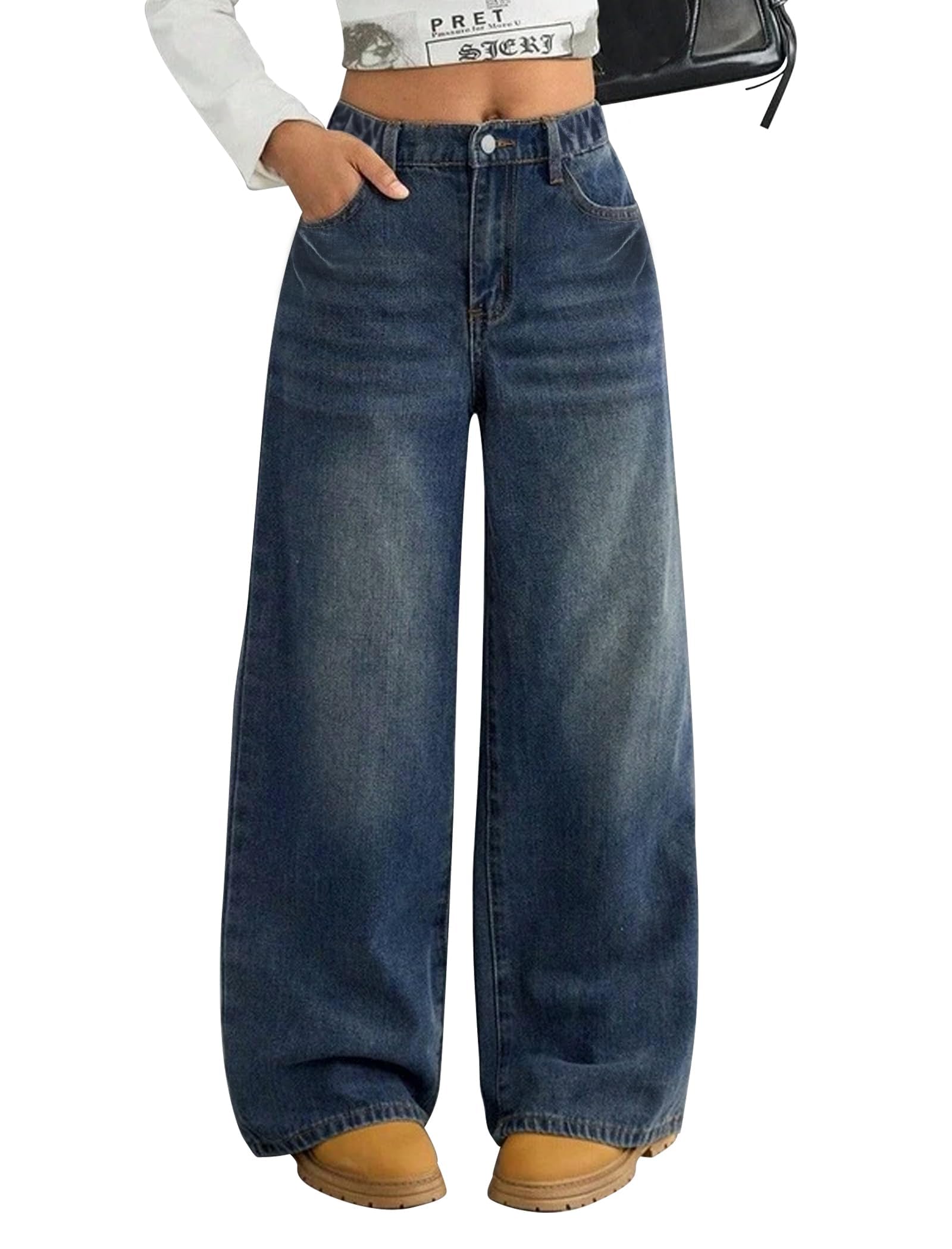 Jeans for Girls Baggy Wide Leg High Waisted Y2K Denim Pants 7-14Y