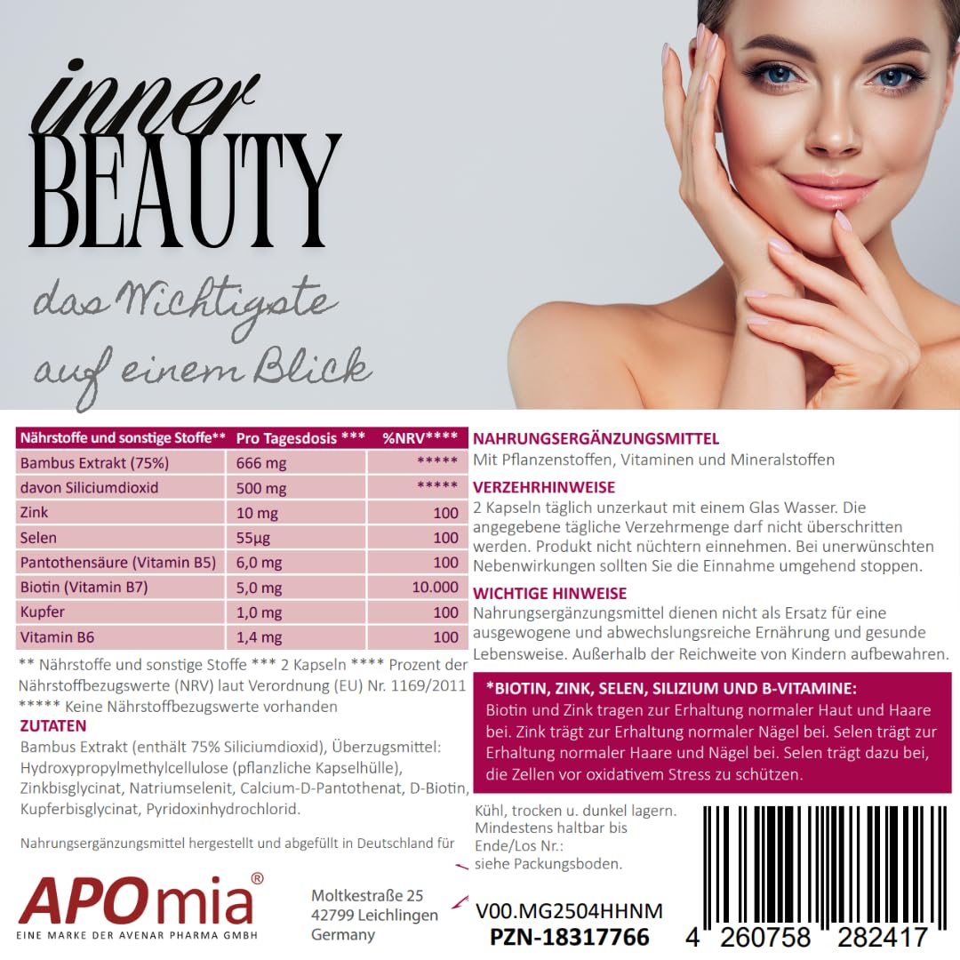 inner BEAUTY | Haut Haare Nägel Formel für die Frau | 120 Kapseln Haarvitamine, Biotin hochdosiert, Silicium aus Bambus Extrakt | 5000µg Biotin, Komplettversorgung Zink Selen | Haarvitamine