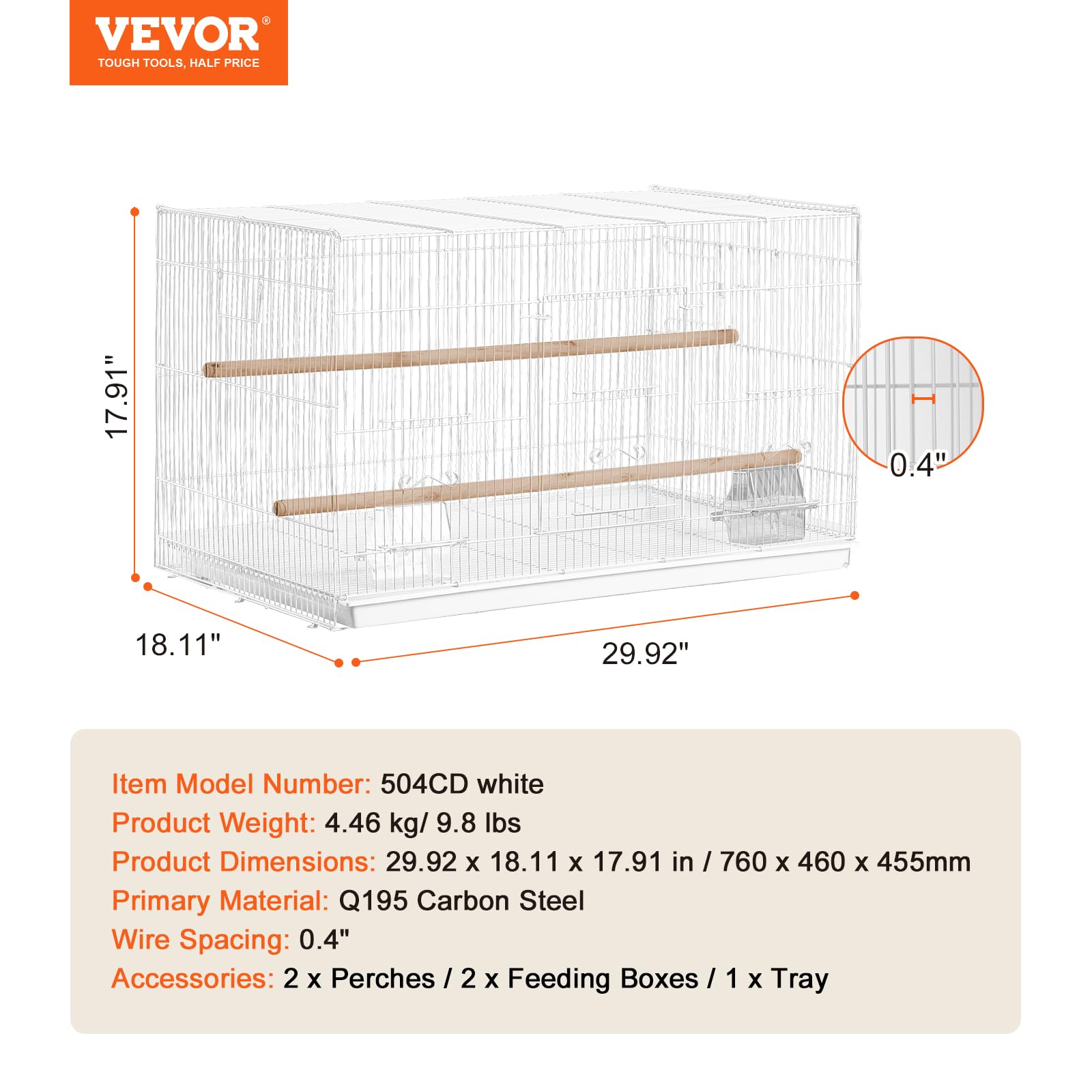 VEVOR Bird Cage, 18 in, Small Parakeet Cage, Sturdy Metal Bird Flight Cage, Travel Birdcage with 2 Perches & 2 Feeding Cups, Parrot Cage for Canaries Lovebirds Cockatiels Budgie Pet Toy, White