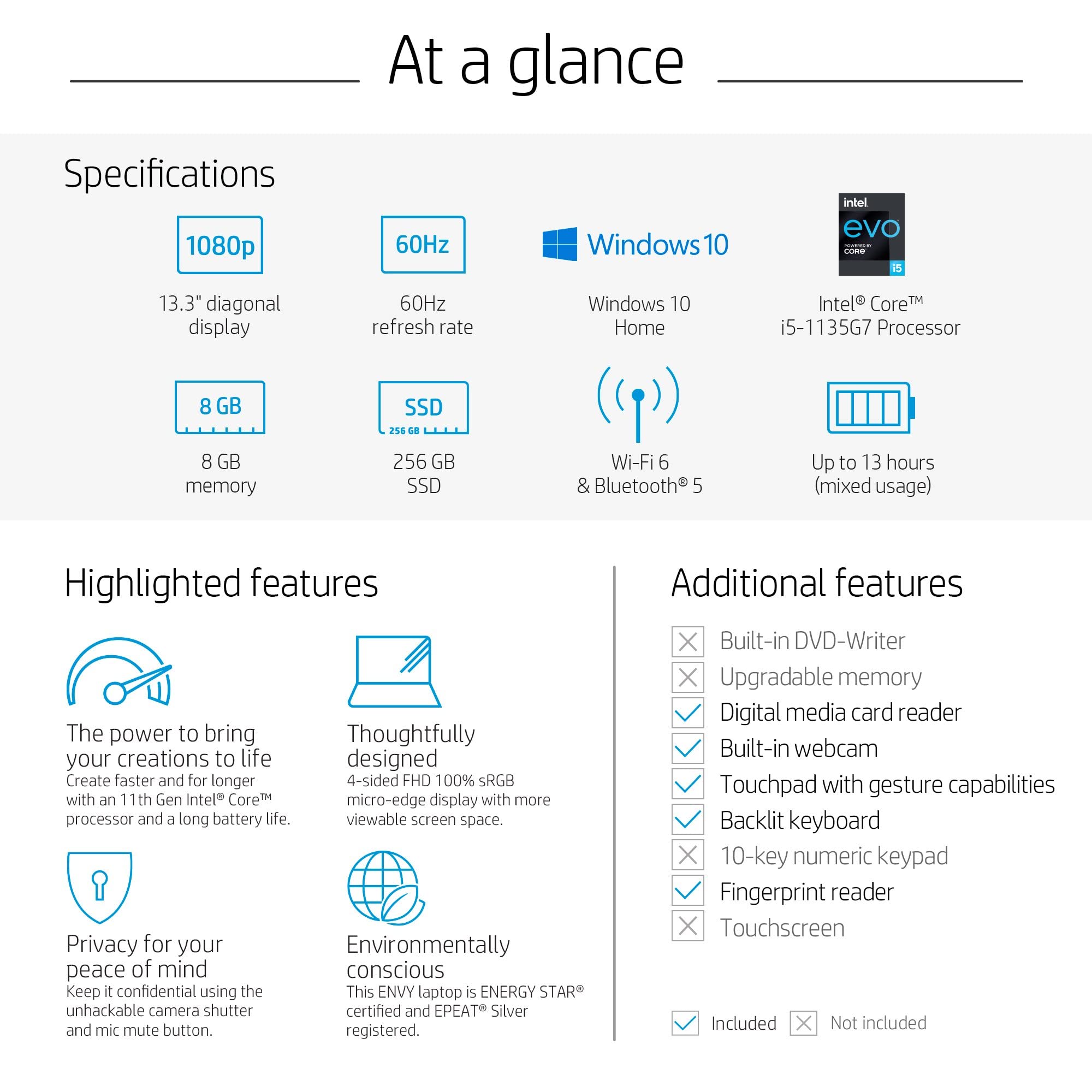 HP Envy 13 Laptop 13.3in FHD IPS 400Nits Display 11th Gen Intel Core i5-1135G7 Upto 4.2GHz 8GB 256GB SSD Iris Xe Graphics Keyboard WIN10, SIlver